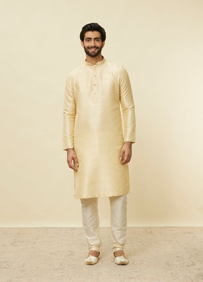 Manyavar Men Mellow Yellow Ogee Patterned Kurta Set