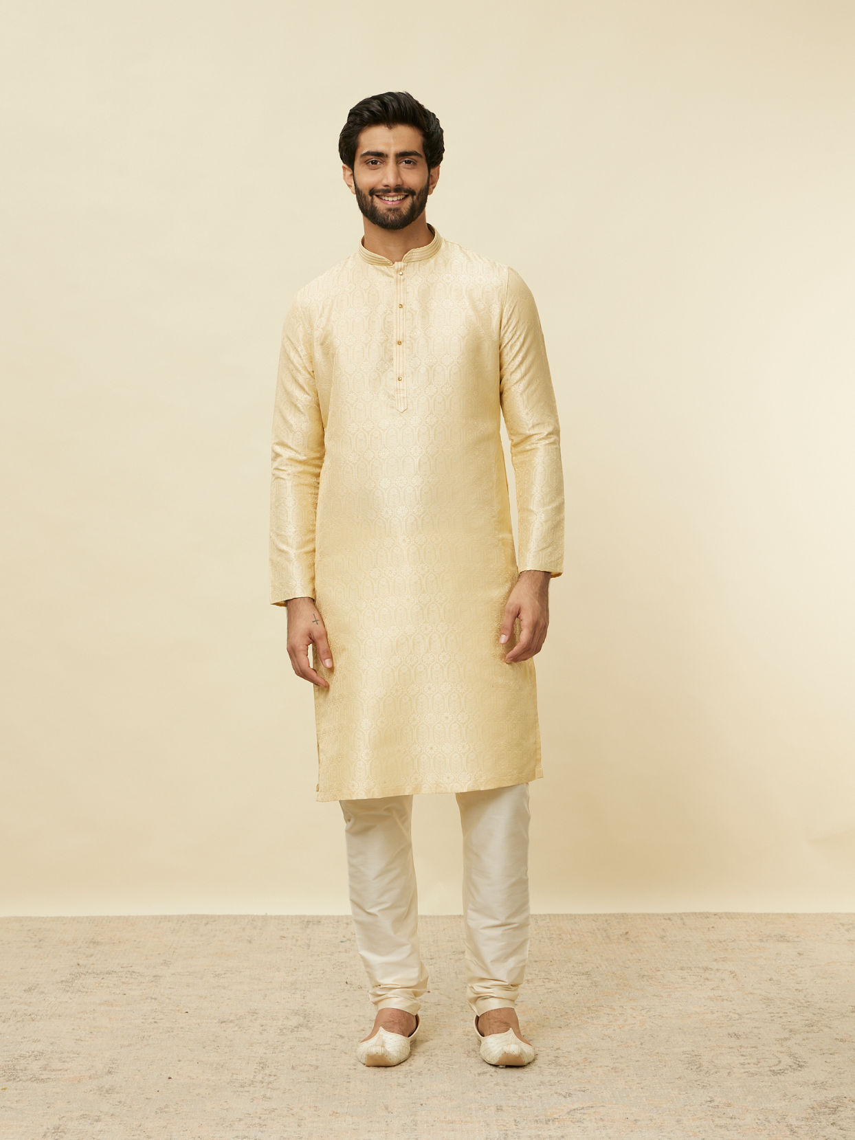 Manyavar Men Mellow Yellow Ogee Patterned Kurta Set