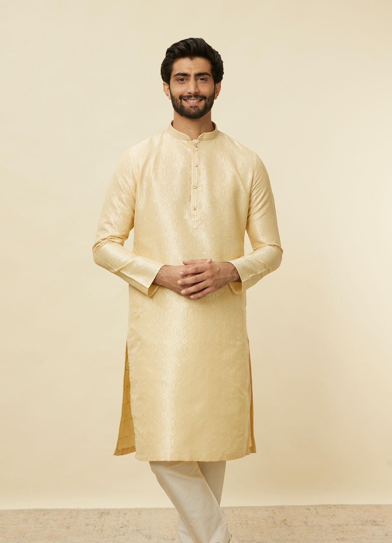 Manyavar Men Mellow Yellow Ogee Patterned Kurta Set