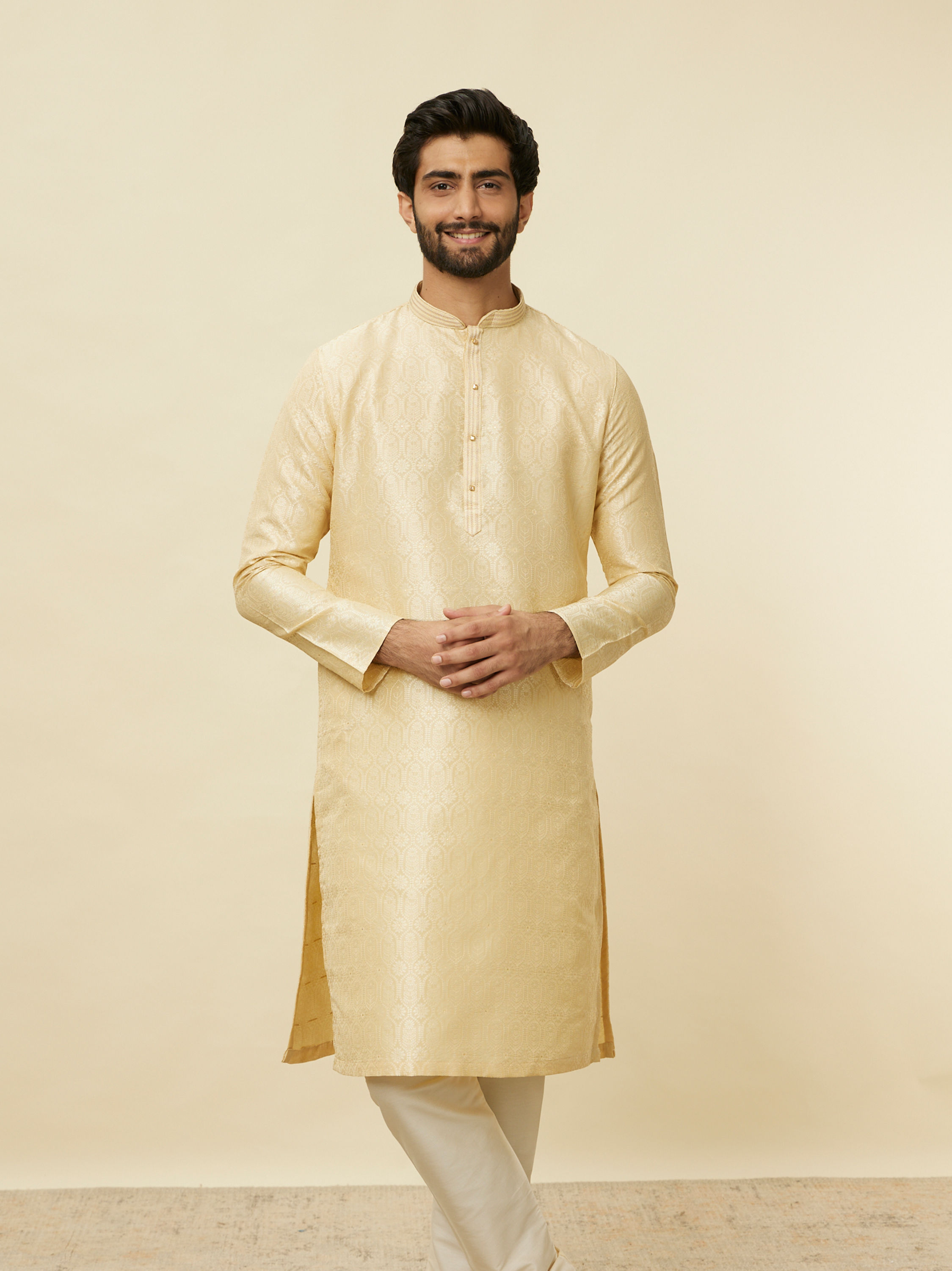 Manyavar Men Mellow Yellow Ogee Patterned Kurta Set