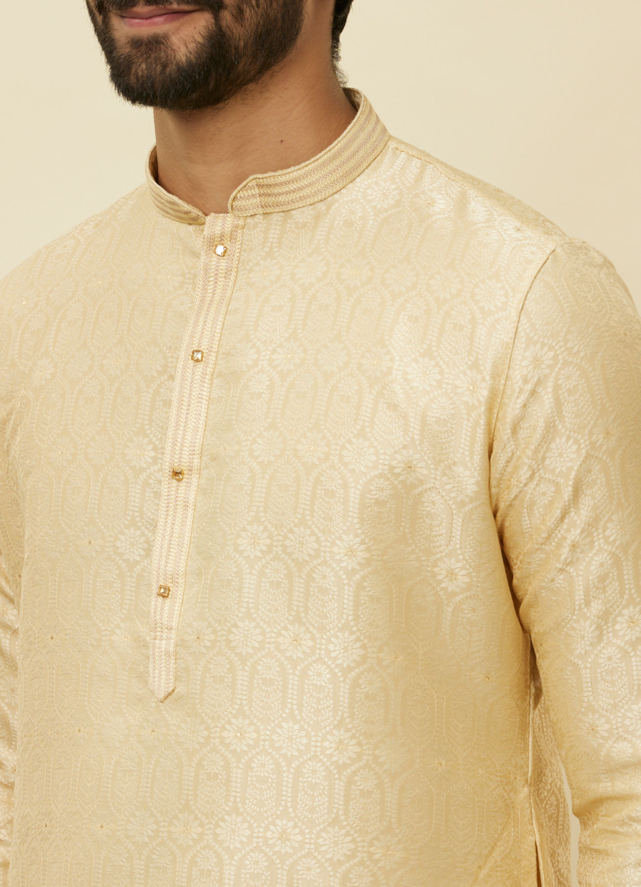 Manyavar Men Mellow Yellow Ogee Patterned Kurta Set