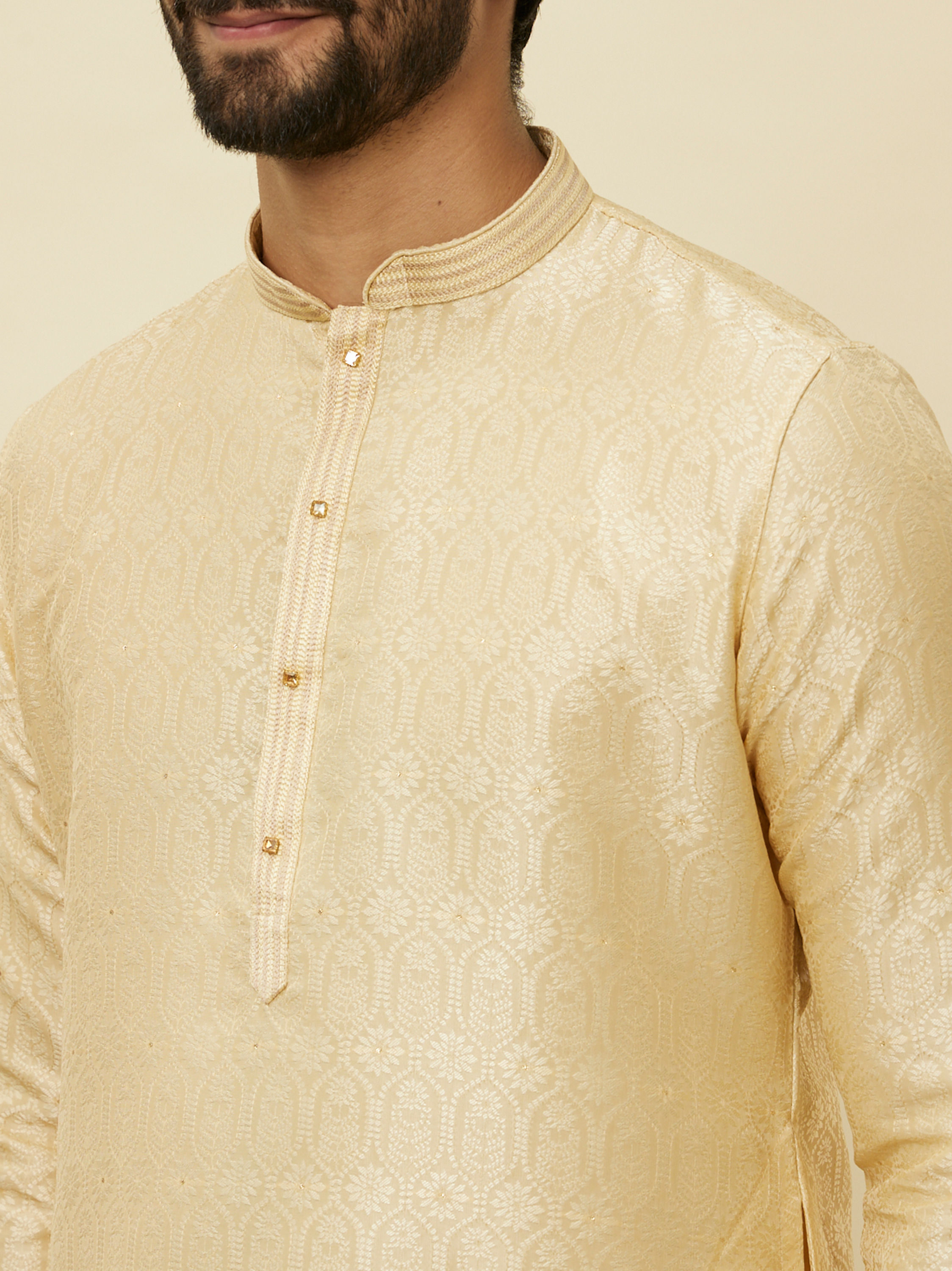 Manyavar Men Mellow Yellow Ogee Patterned Kurta Set