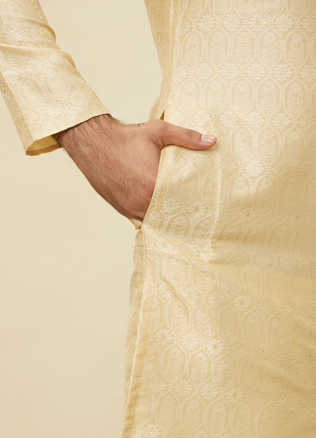 Manyavar Men Mellow Yellow Ogee Patterned Kurta Set