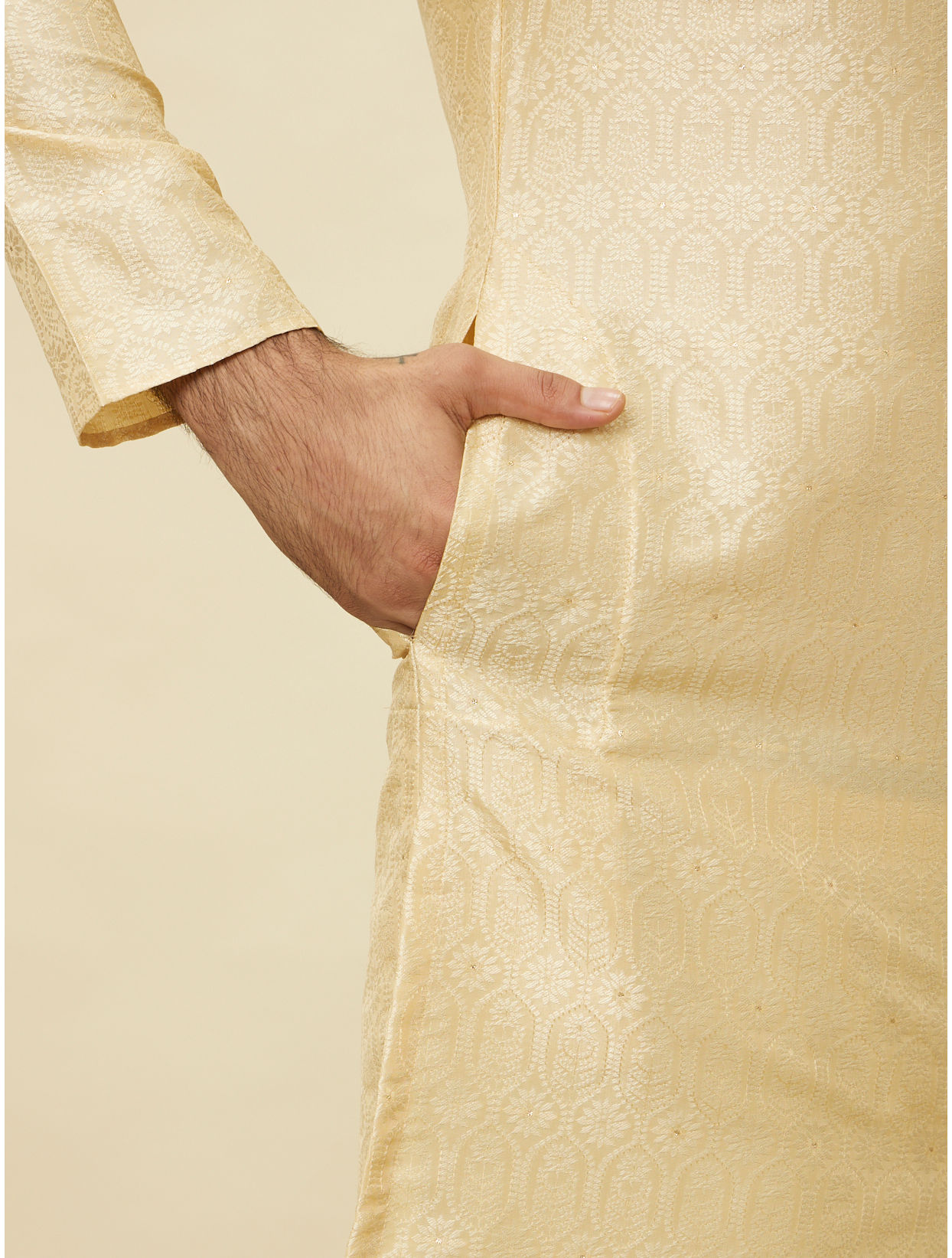 Manyavar Men Mellow Yellow Ogee Patterned Kurta Set