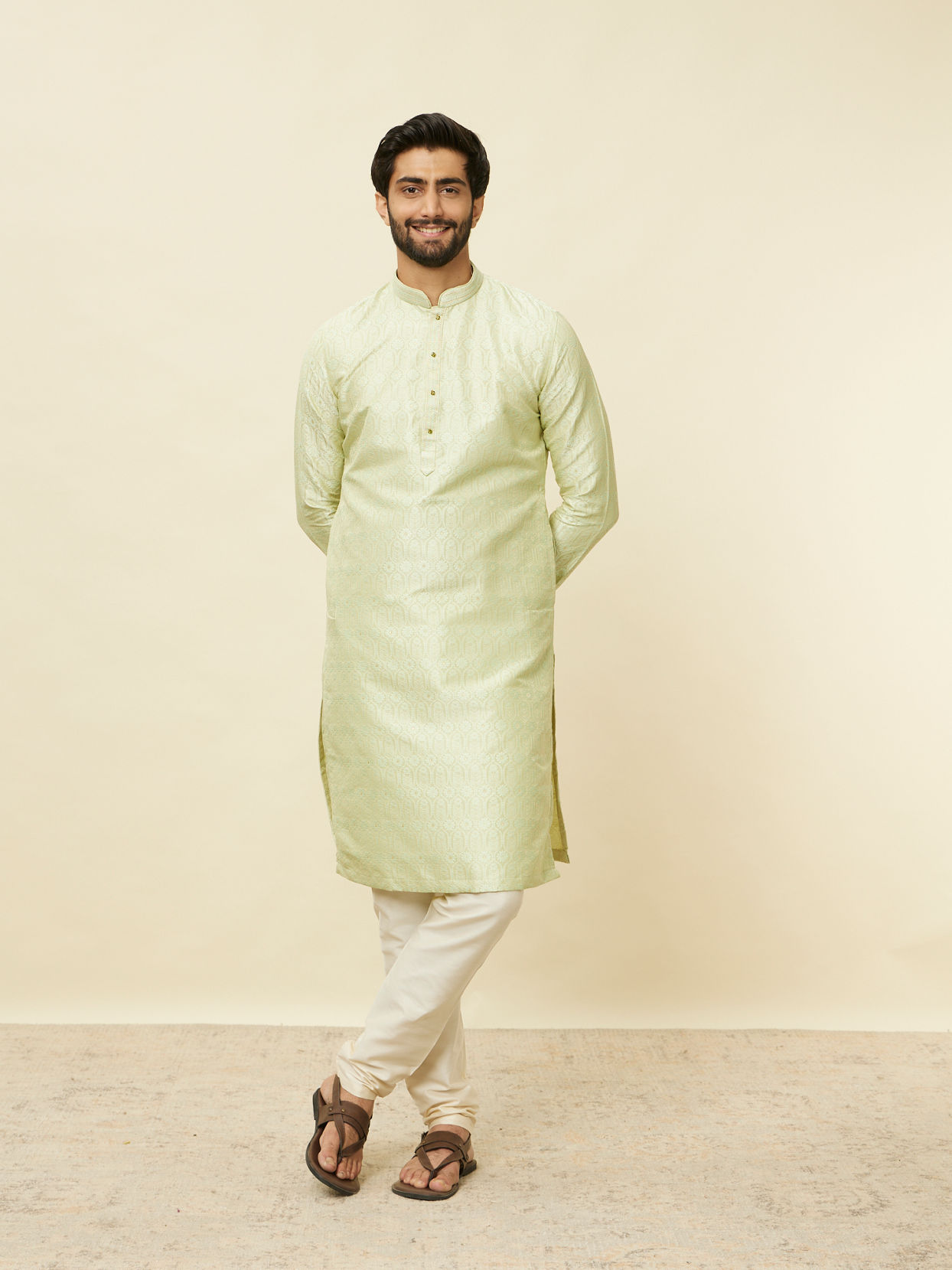 Manyavar Men Tea Green Ogee Patterned Kurta Set