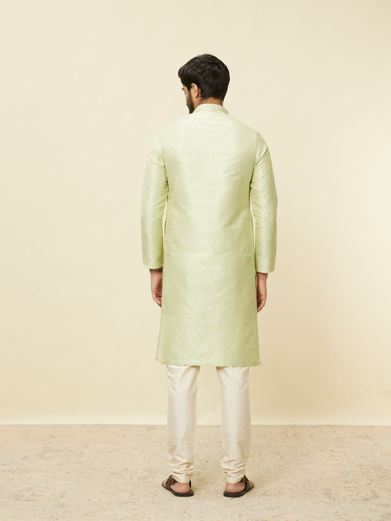 Manyavar Men Tea Green Ogee Patterned Kurta Set