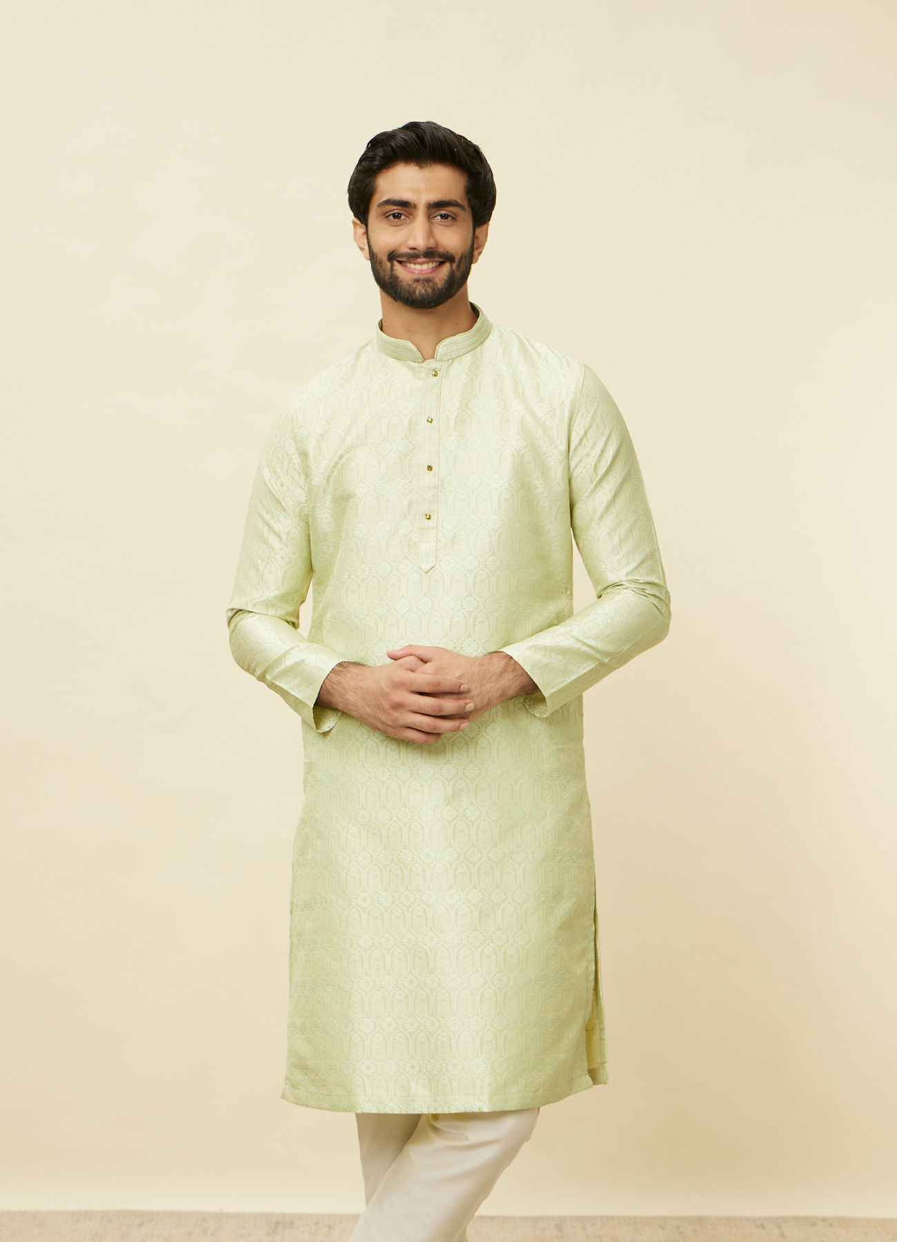 Manyavar Men Tea Green Ogee Patterned Kurta Set