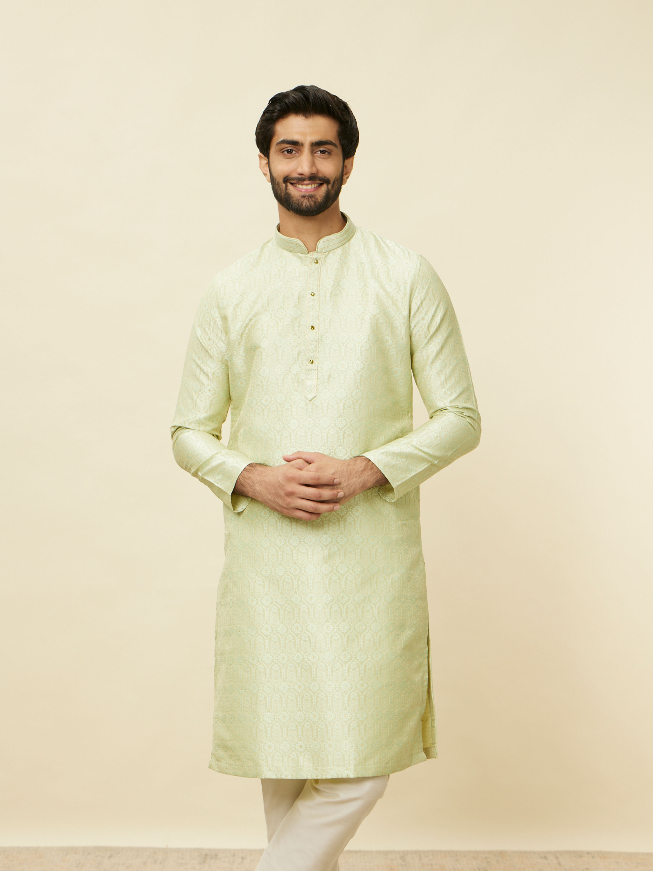 Manyavar Men Tea Green Ogee Patterned Kurta Set