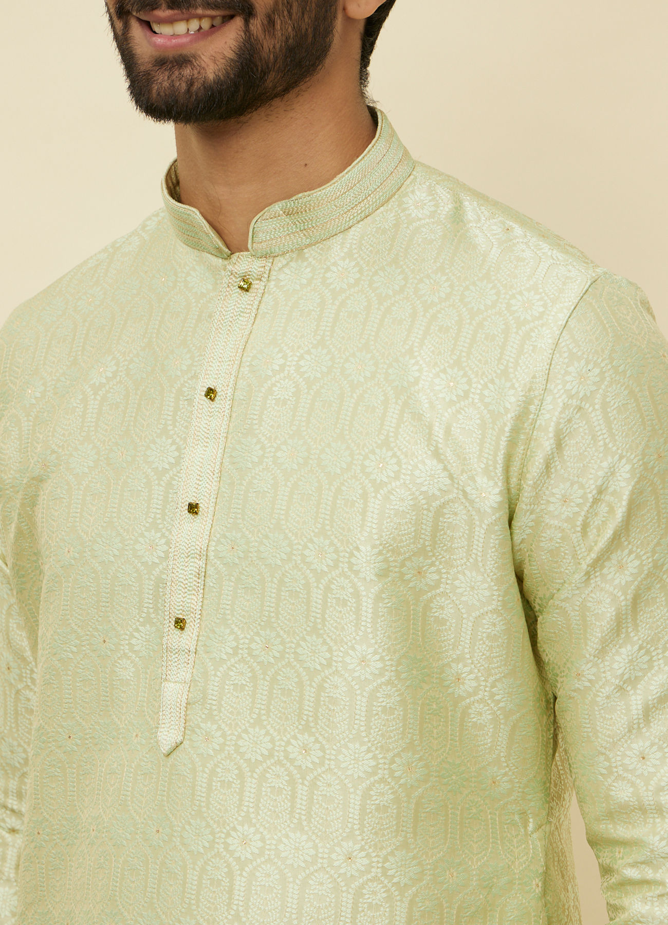 Manyavar Men Tea Green Ogee Patterned Kurta Set