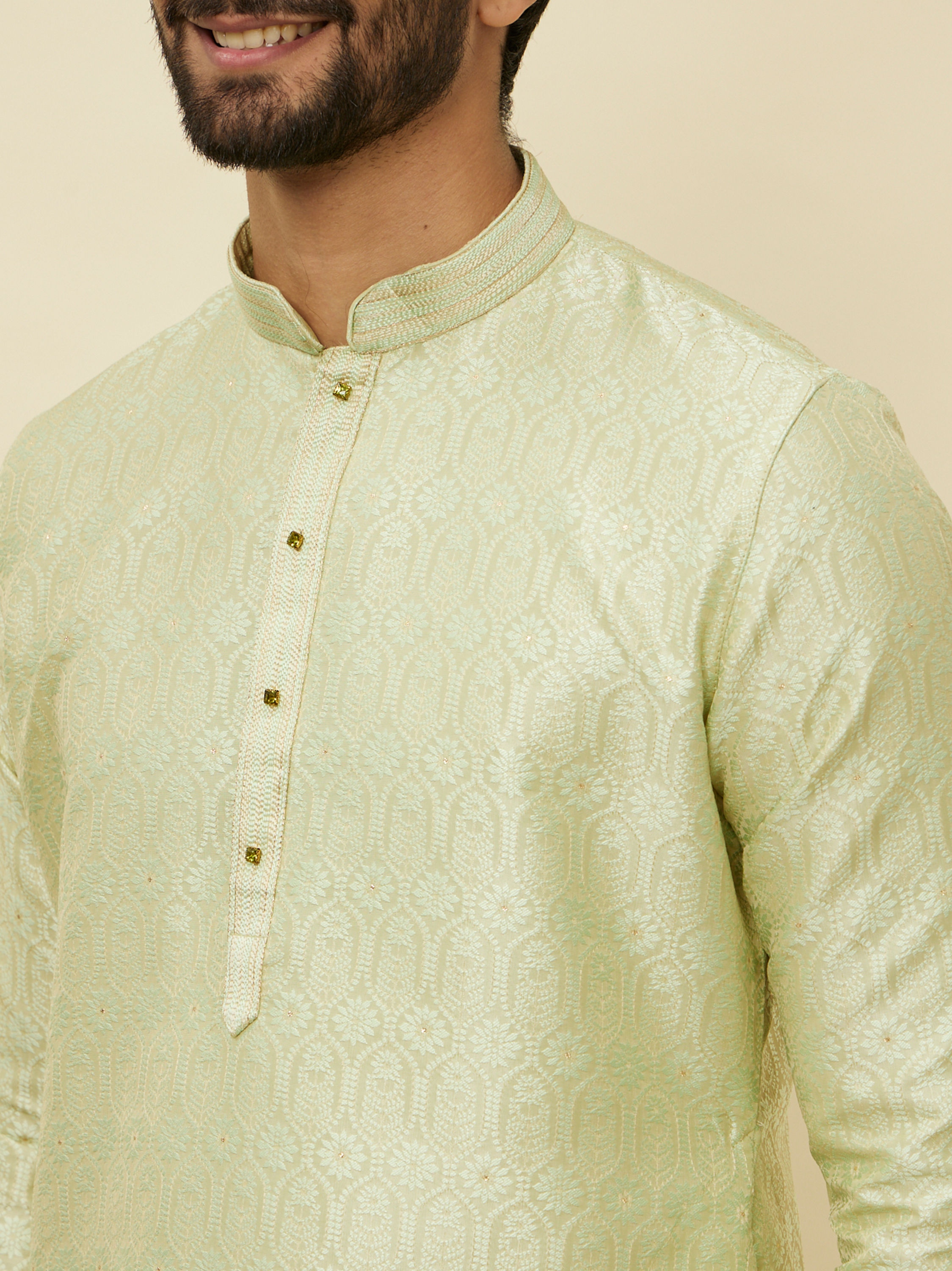 Manyavar Men Tea Green Ogee Patterned Kurta Set
