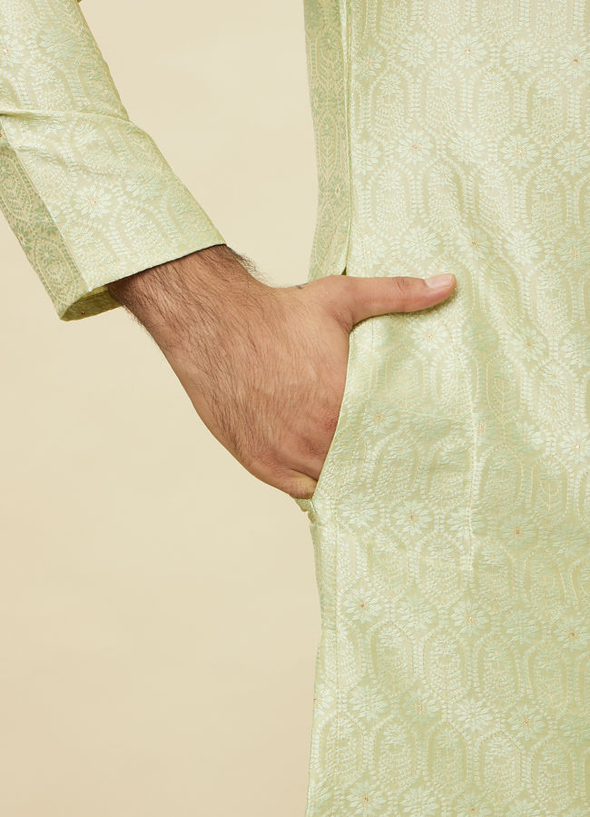 Manyavar Men Tea Green Ogee Patterned Kurta Set