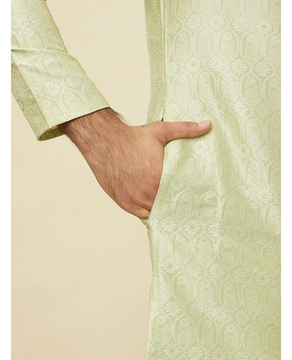 Manyavar Men Tea Green Ogee Patterned Kurta Set