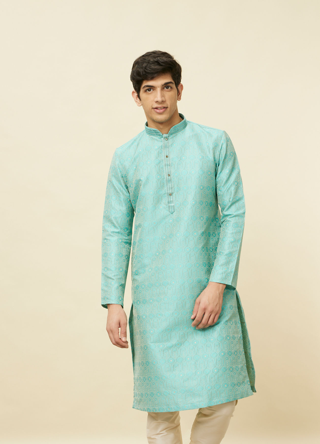 Manyavar Men Emerald Green Ogee Patterned Kurta Set
