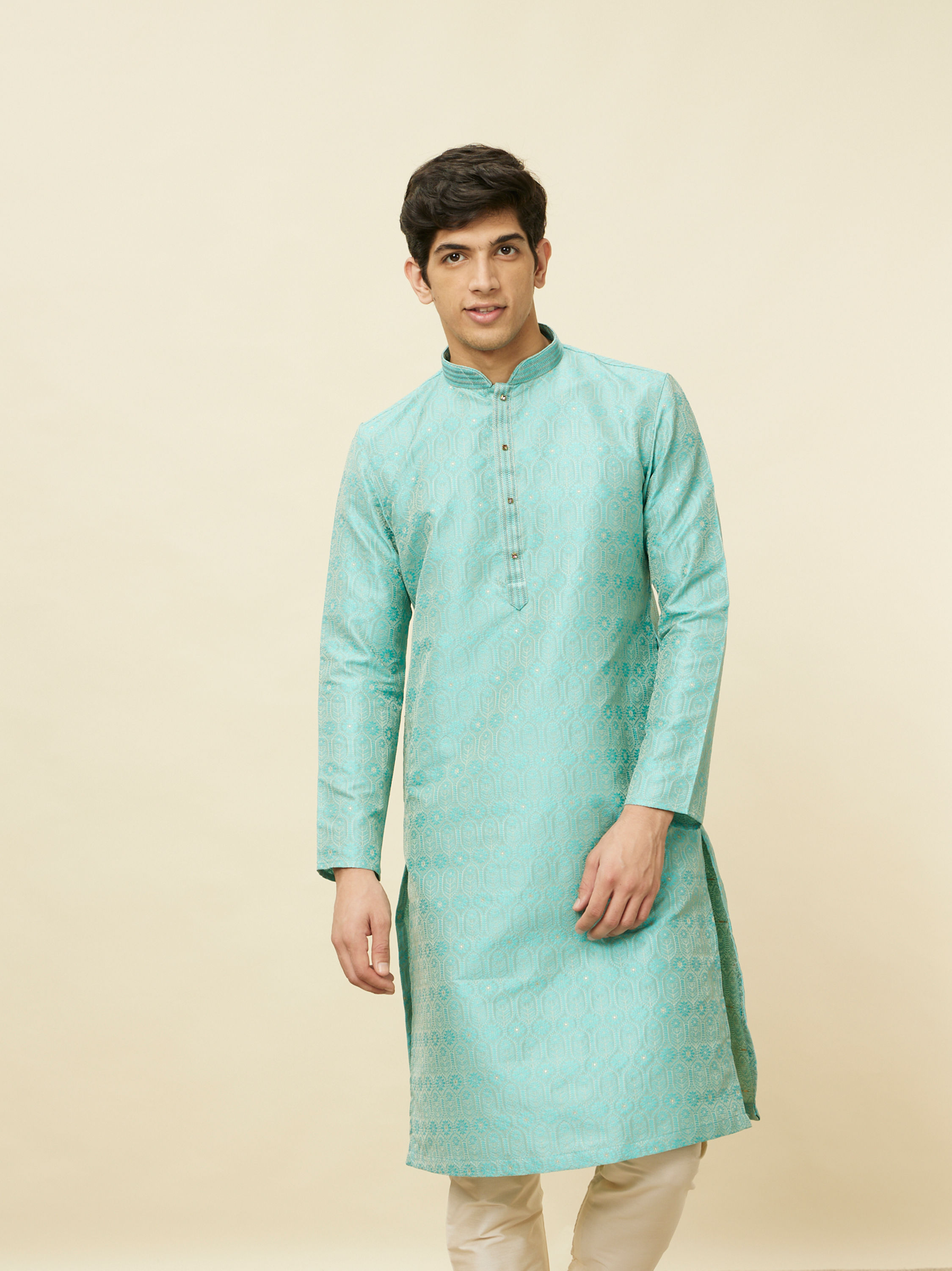 Manyavar Men Emerald Green Ogee Patterned Kurta Set