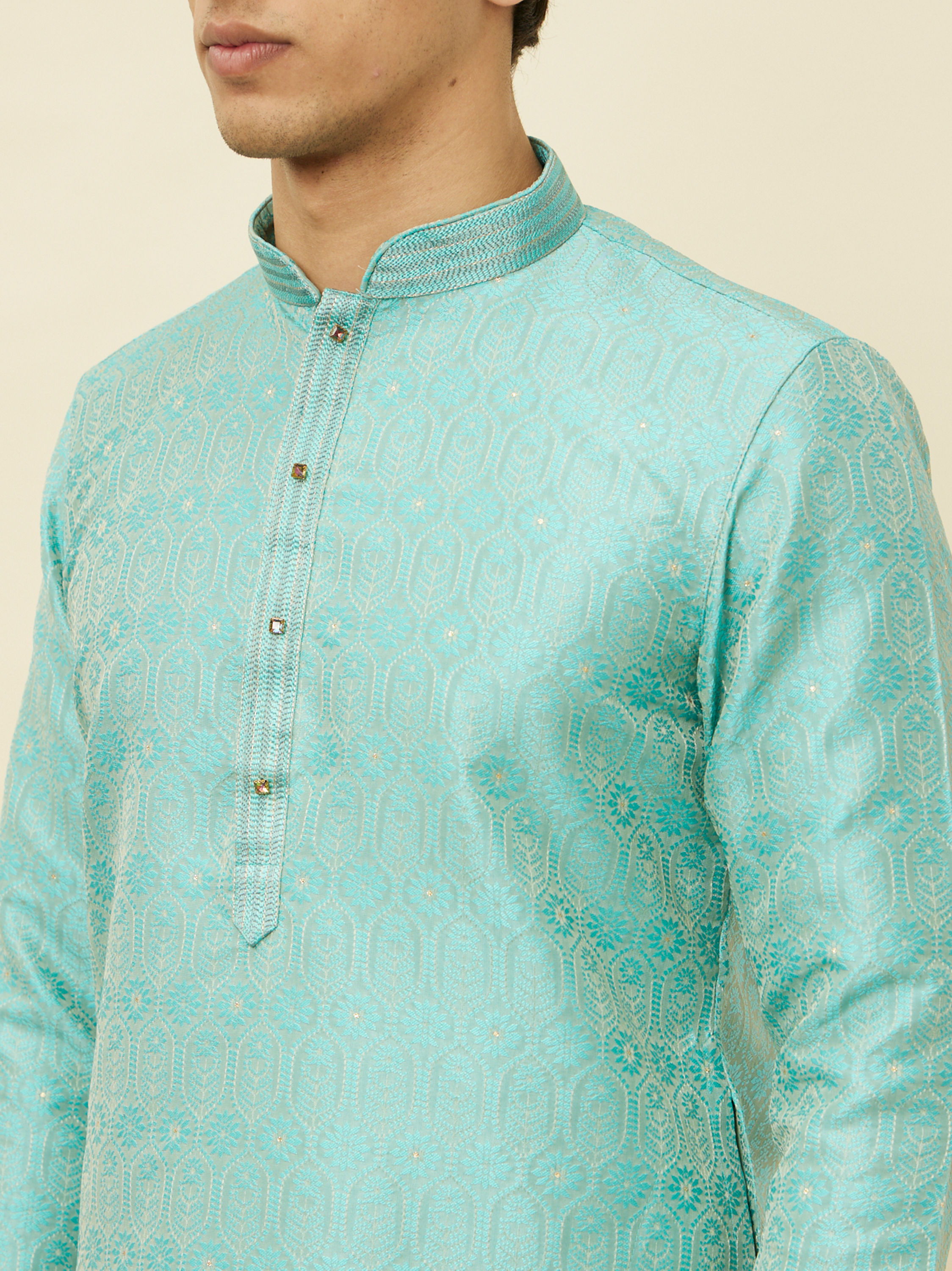 Manyavar Men Emerald Green Ogee Patterned Kurta Set