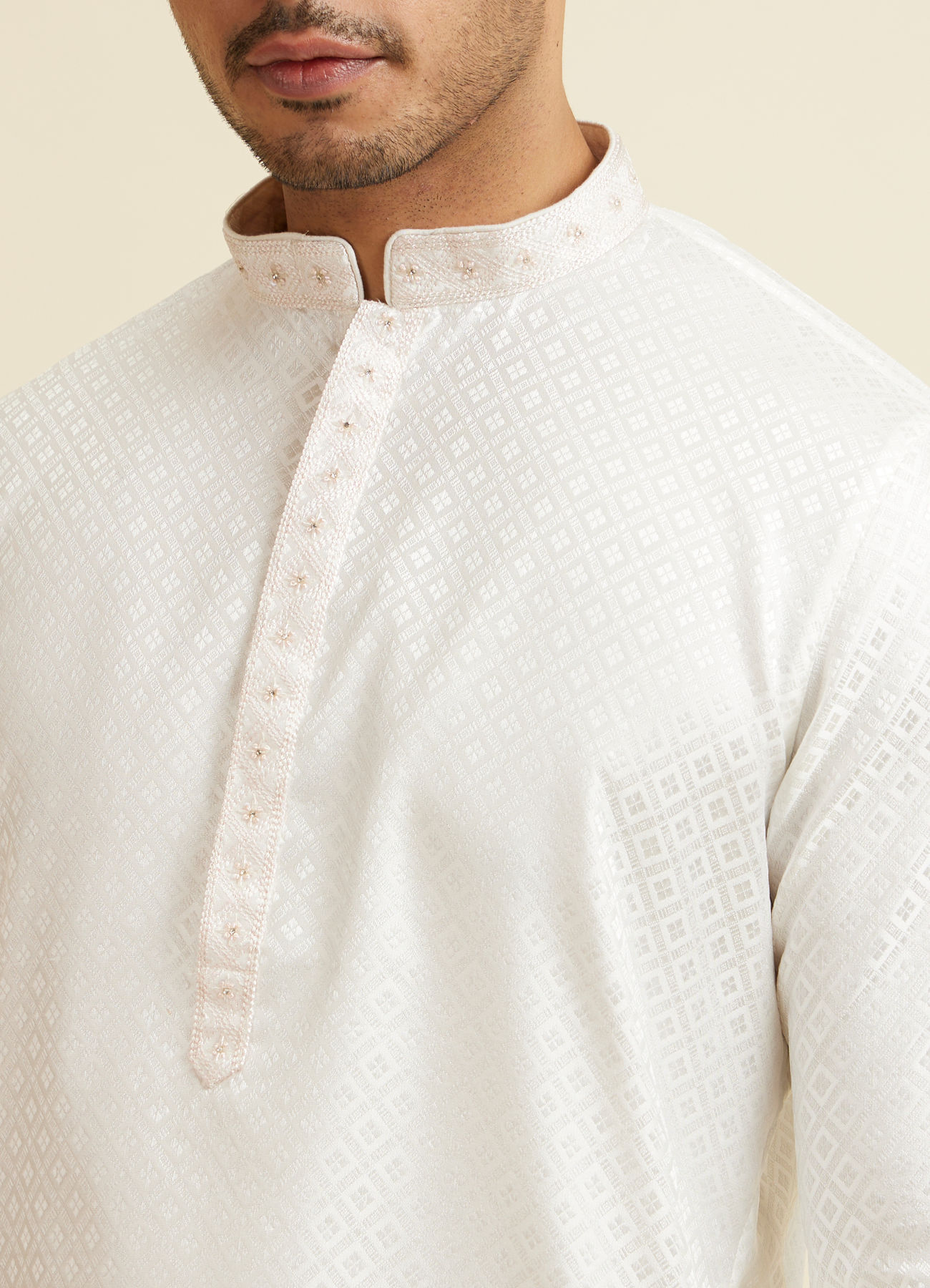 Manyavar Men Sea Shell White Jacquard Kurta Pajama