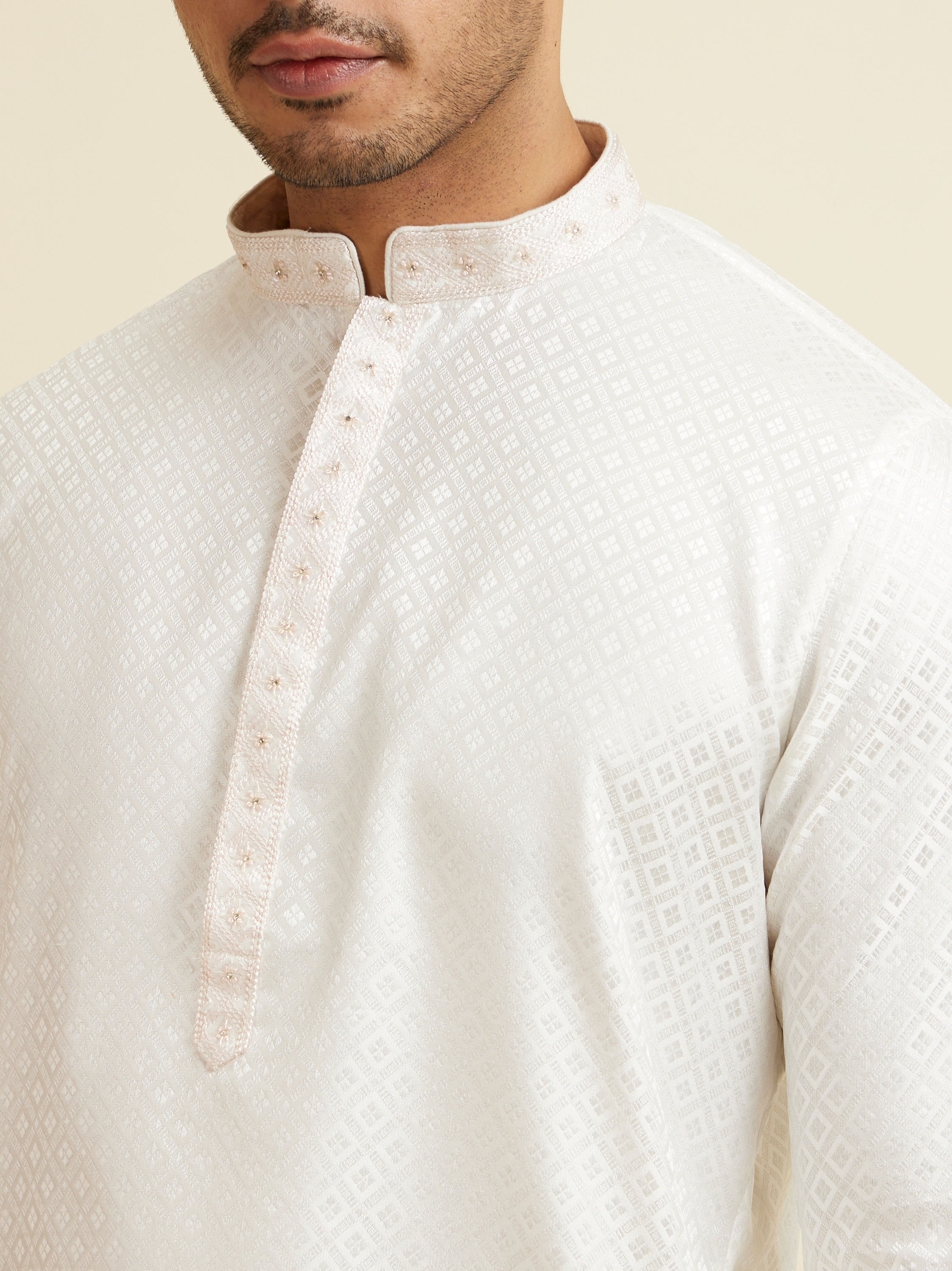 Manyavar Men Sea Shell White Jacquard Kurta Pajama