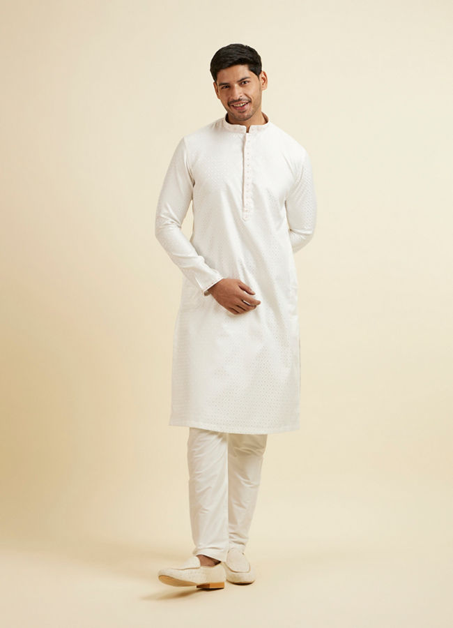 Manyavar Men Sea Shell White Jacquard Kurta Pajama