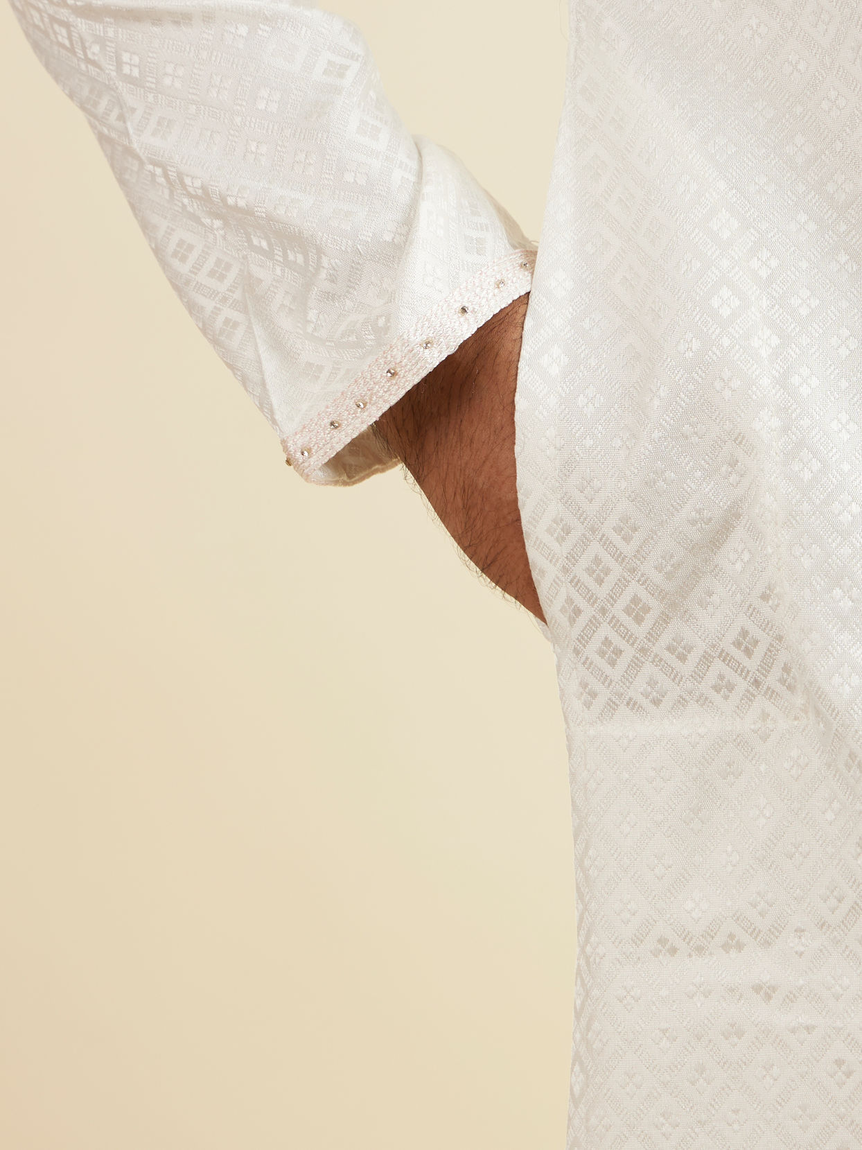 Manyavar Men Sea Shell White Jacquard Kurta Pajama