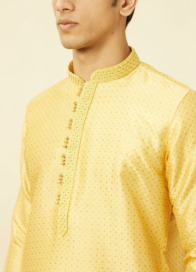 alt message - Manyavar Men Crayola Yellow Polka Dotted Kurta Set image number 1