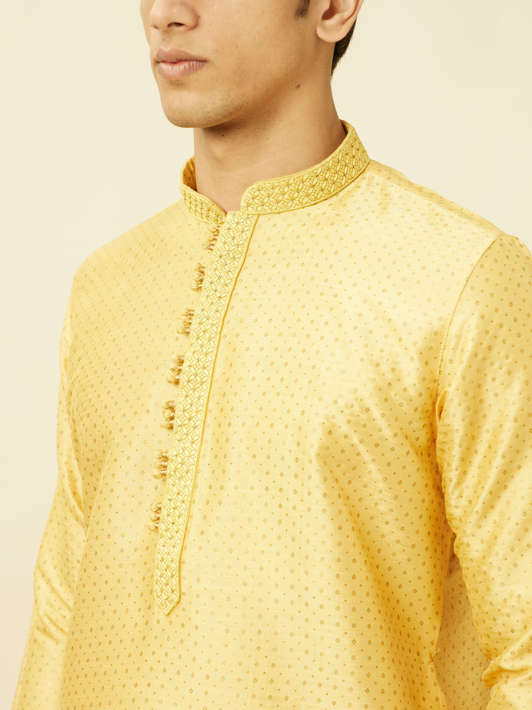 Manyavar Men Crayola Yellow Polka Dotted Kurta Set