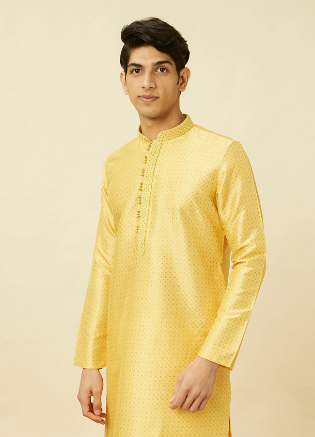 alt message - Manyavar Men Crayola Yellow Polka Dotted Kurta Set image number 0