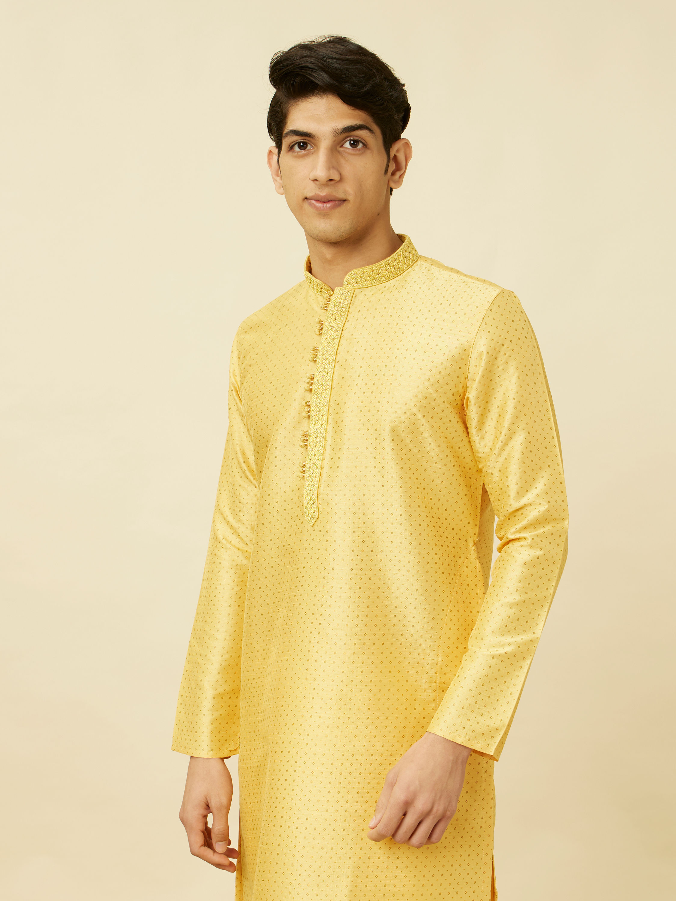 Manyavar Men Crayola Yellow Polka Dotted Kurta Set