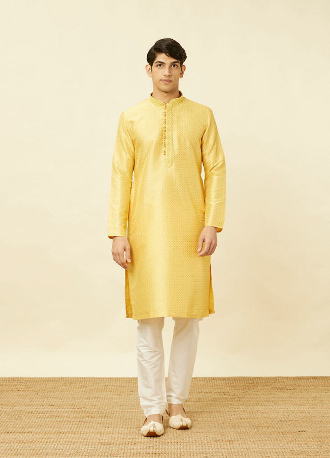 alt message - Manyavar Men Crayola Yellow Polka Dotted Kurta Set image number 2