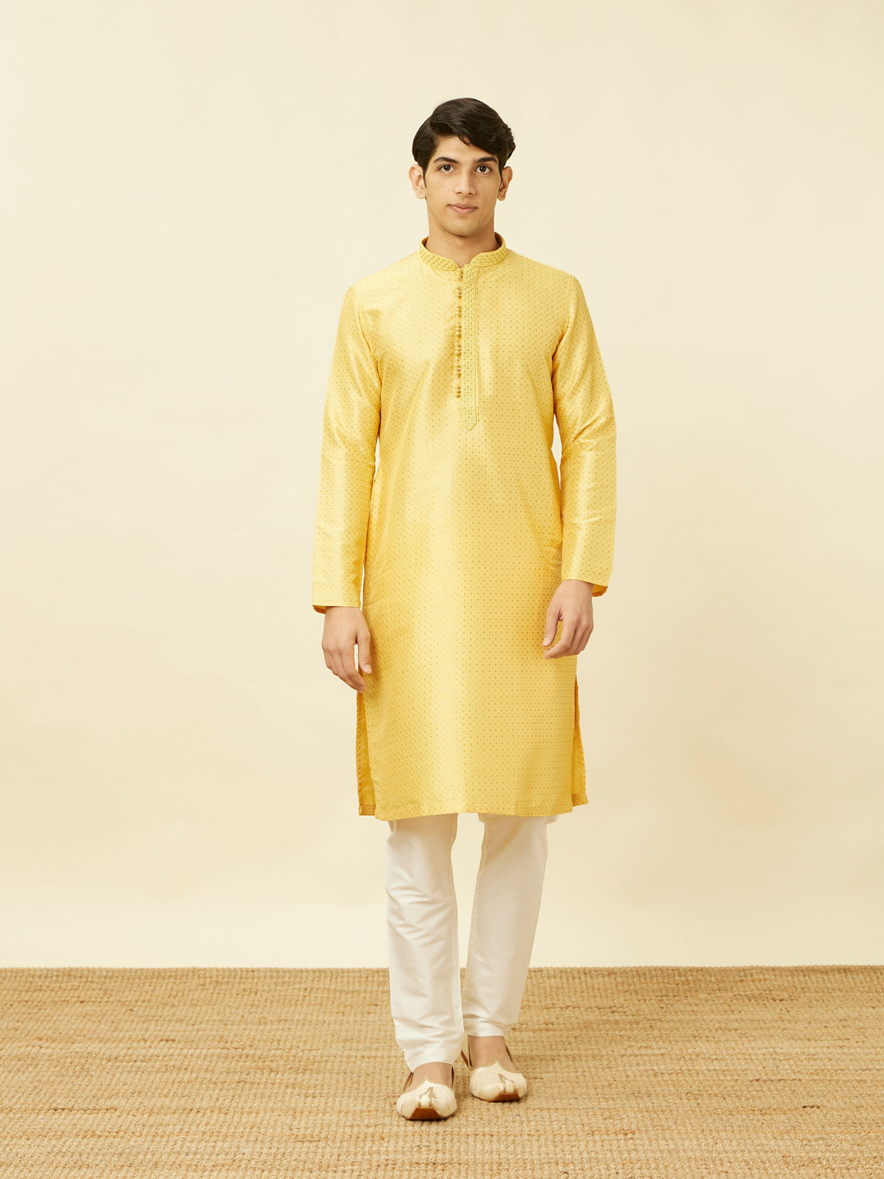 alt message - Manyavar Men Crayola Yellow Polka Dotted Kurta Set image number 2