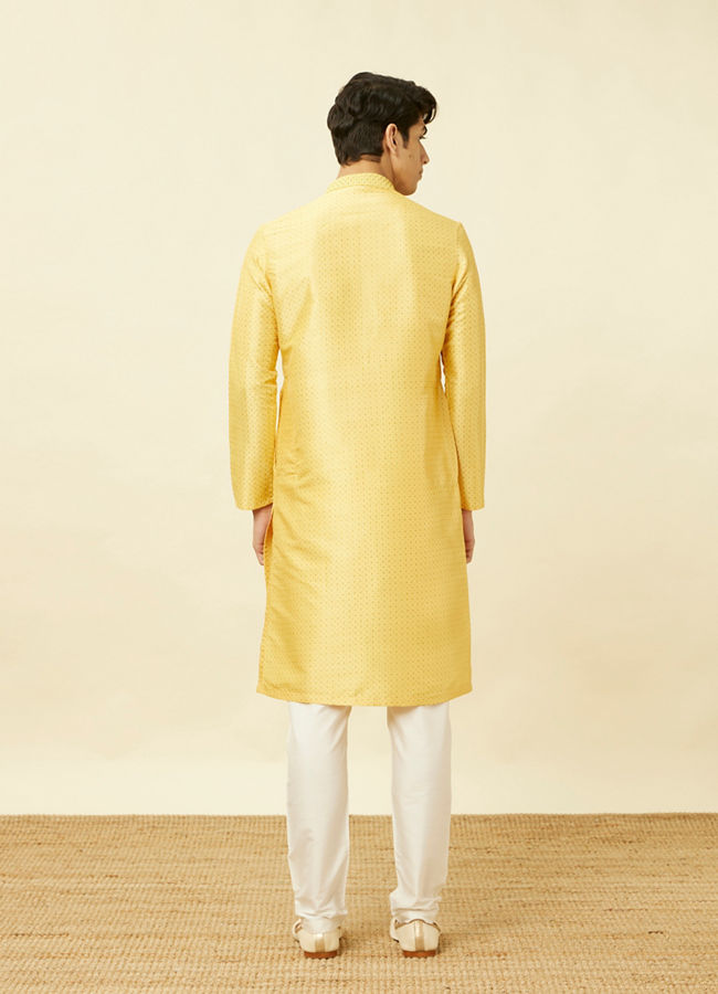 Manyavar Men Crayola Yellow Polka Dotted Kurta Set