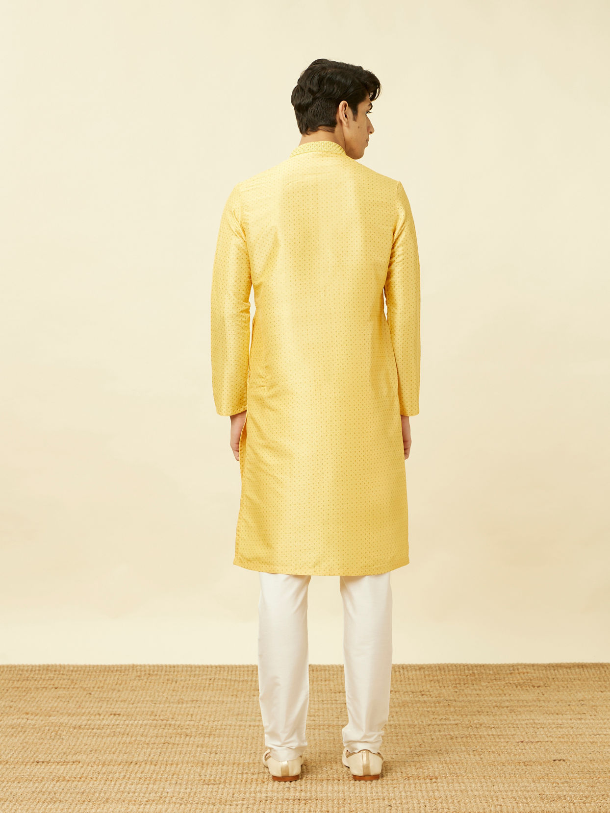 Manyavar Men Crayola Yellow Polka Dotted Kurta Set