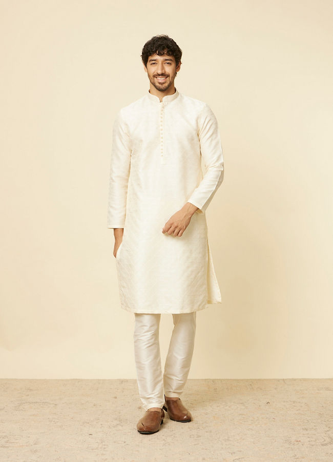 alt message - Manyavar Men Cream Grid Patterned Kurta Set image number 2