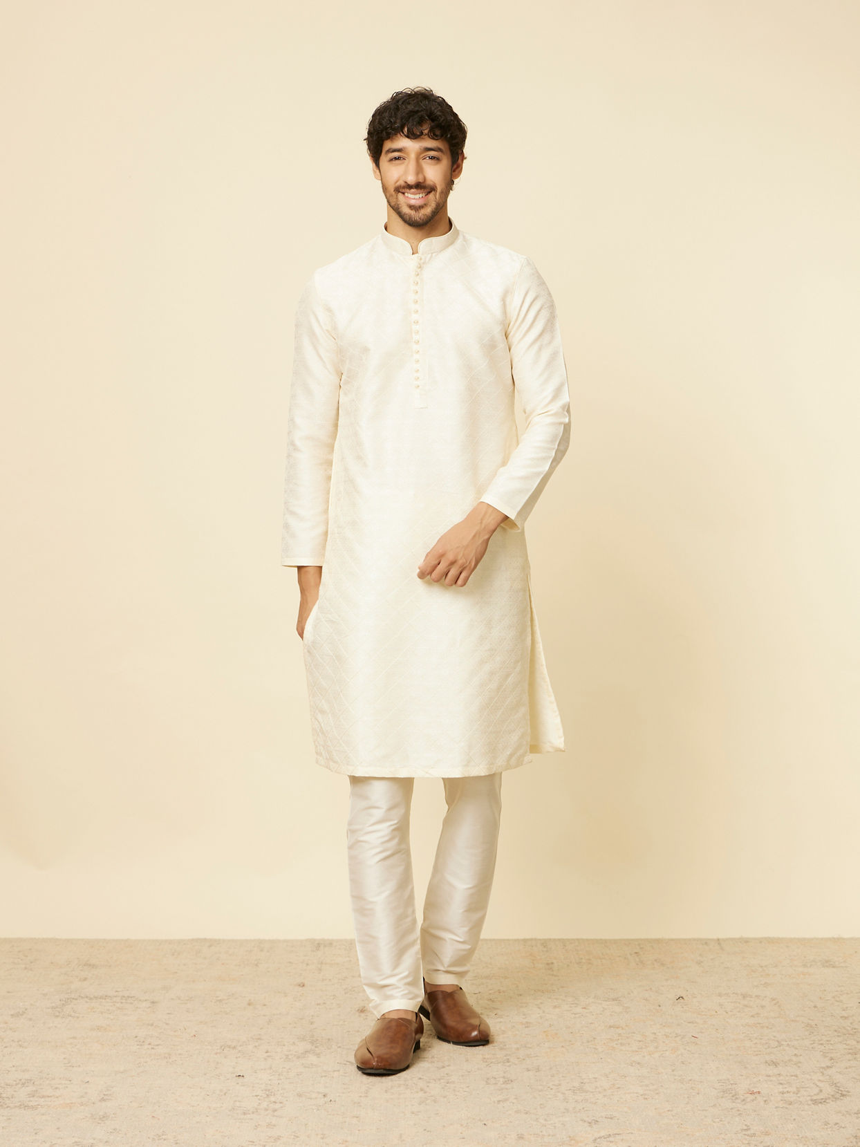 Manyavar Men Cream Grid Patterned Kurta Set