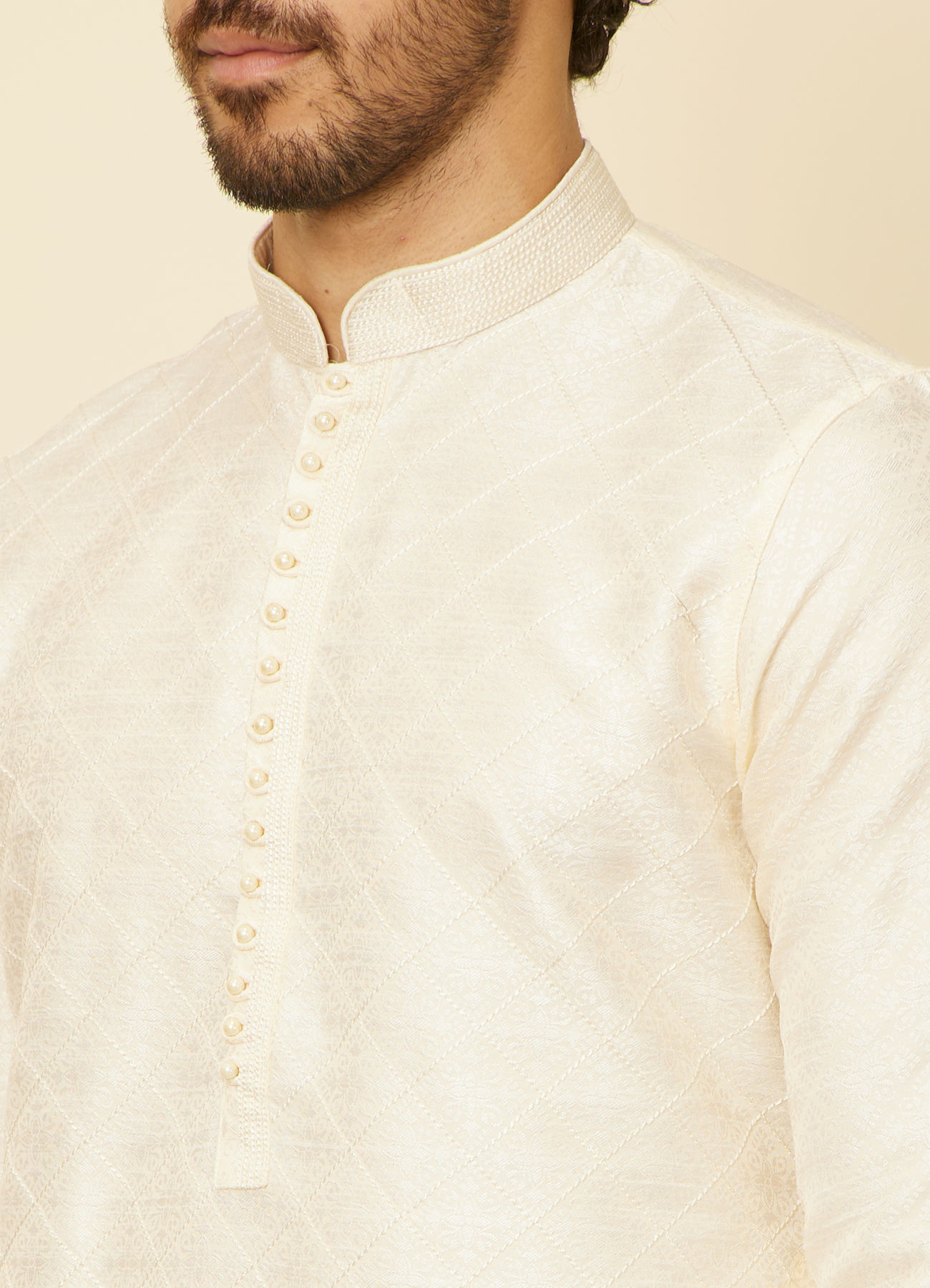 Manyavar Men Cream Grid Patterned Kurta Set