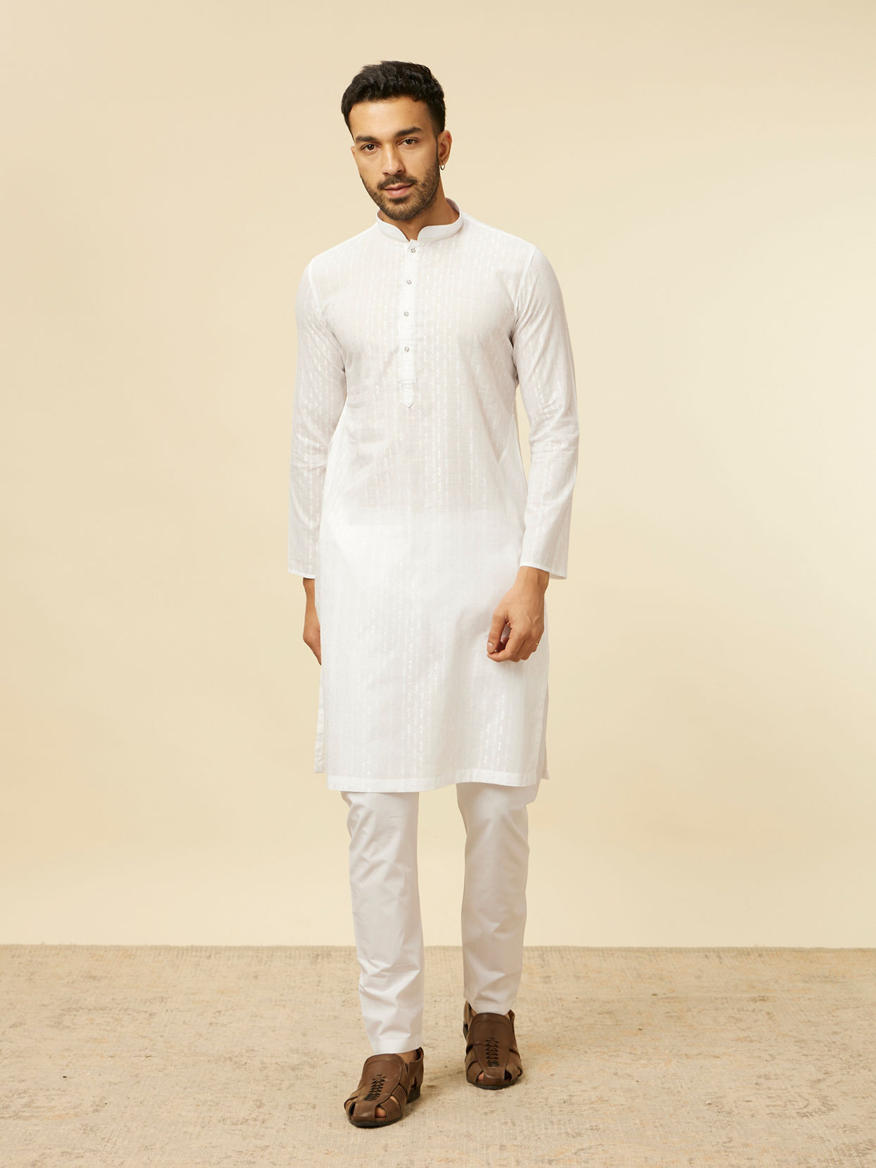 Manyavar Men White String Patterned Kurta Set