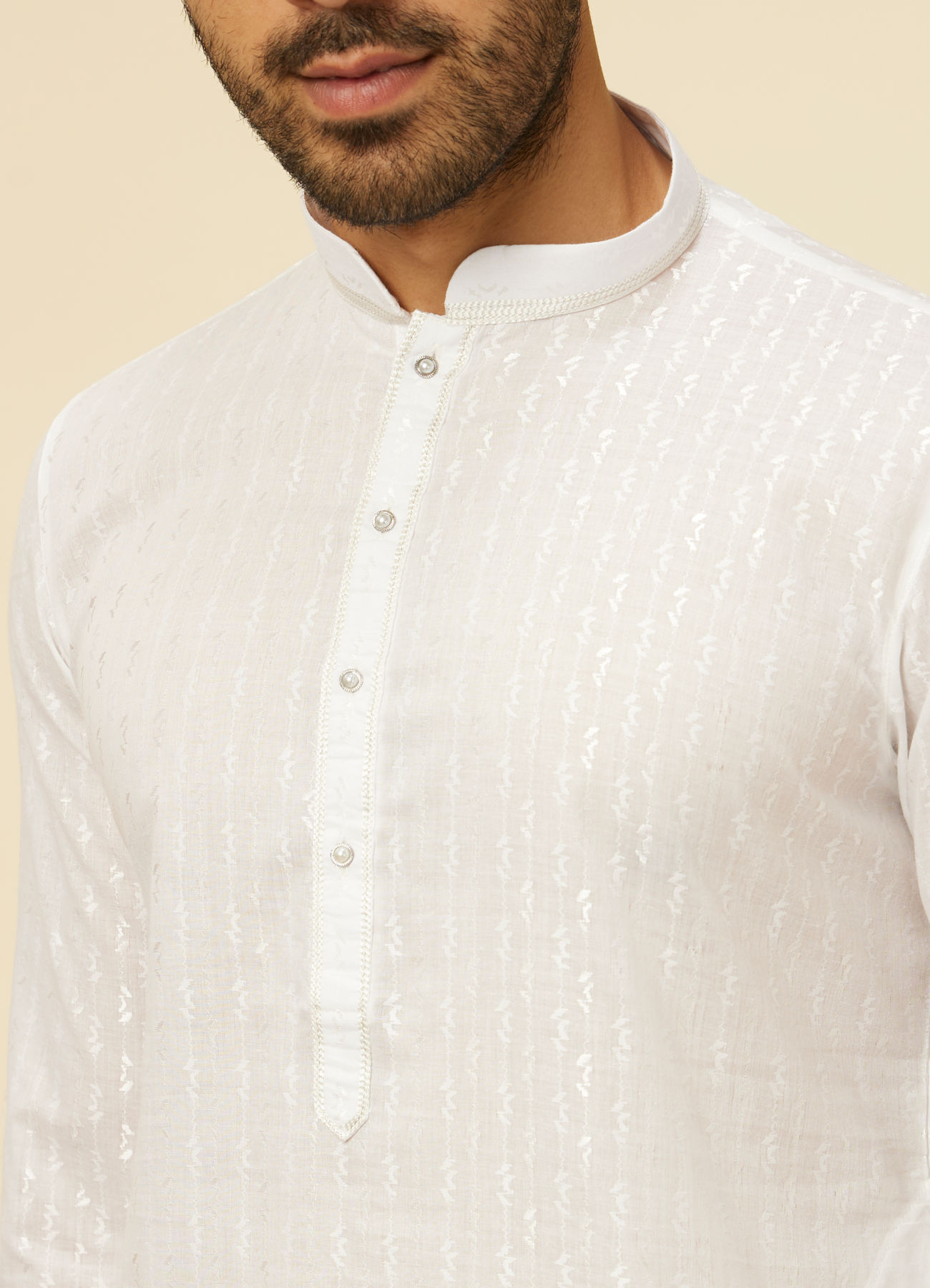 Manyavar Men White String Patterned Kurta Set