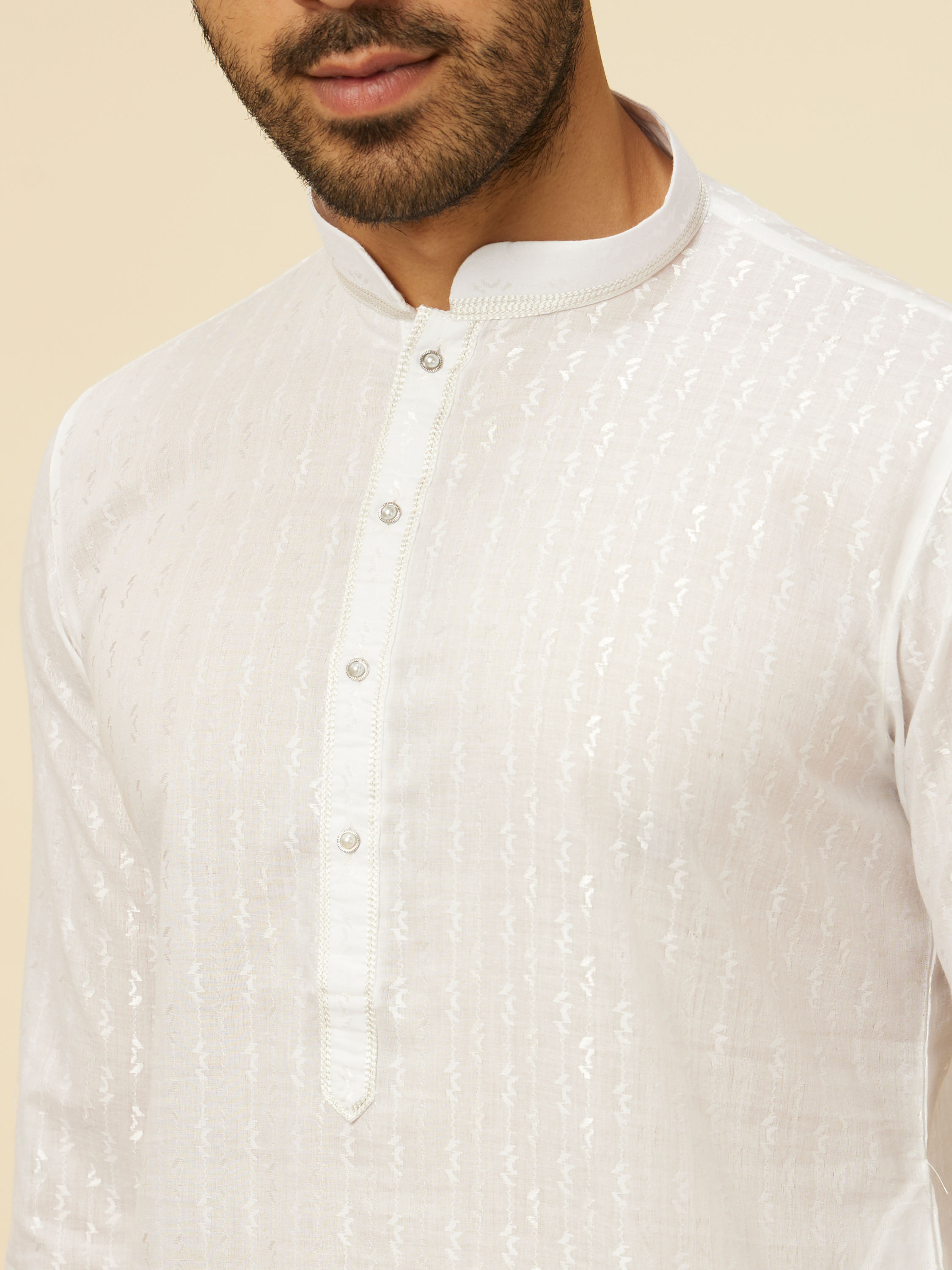Manyavar Men White String Patterned Kurta Set