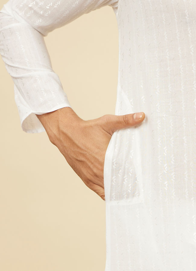 Manyavar Men White String Patterned Kurta Set