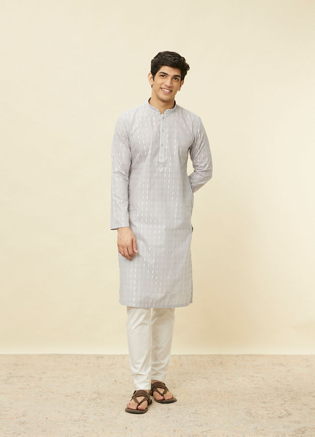 alt message - Manyavar Men Cloud Grey String Patterned Kurta Set image number 2