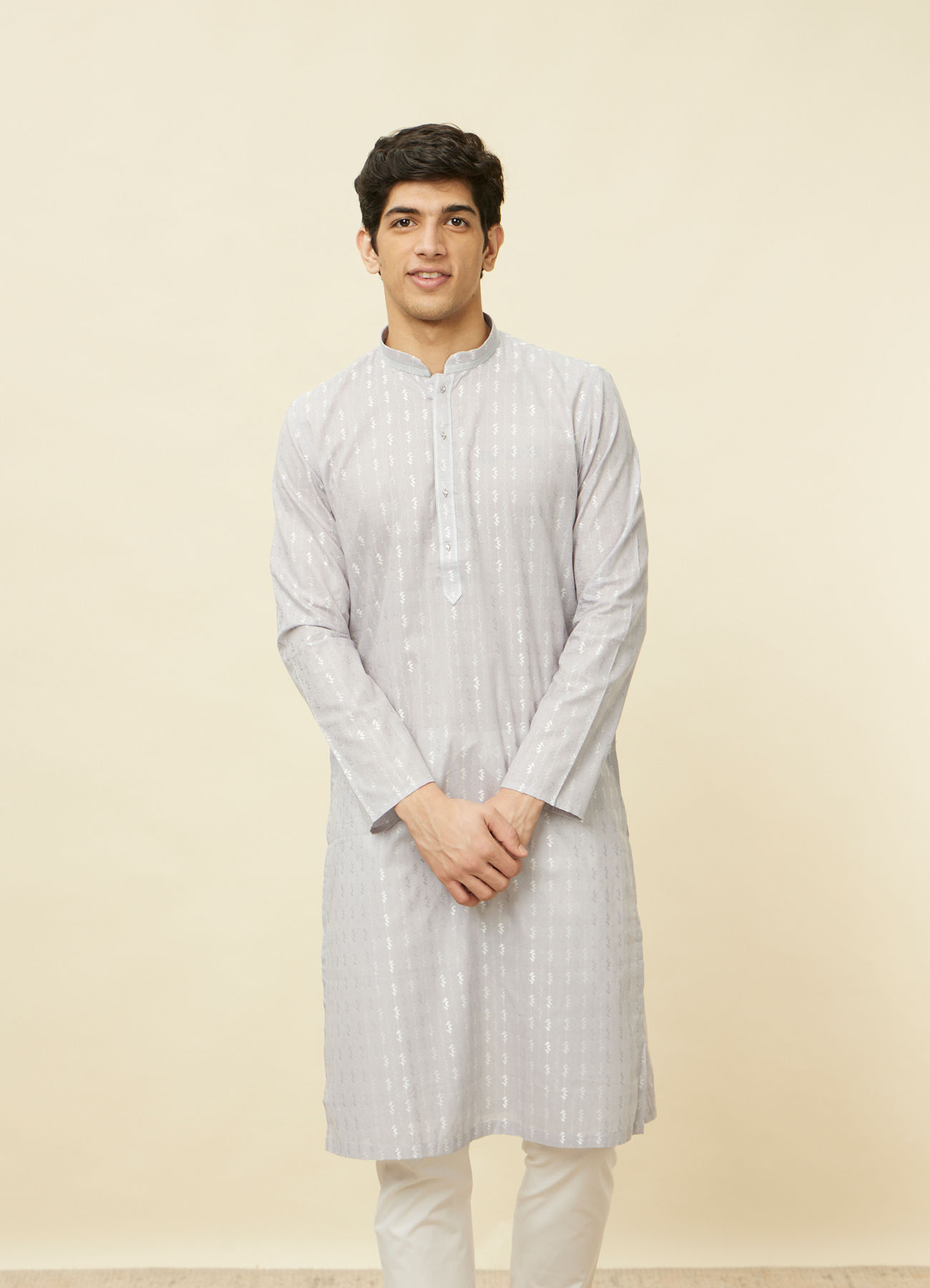 Manyavar Men Cloud Grey String Patterned Kurta Set