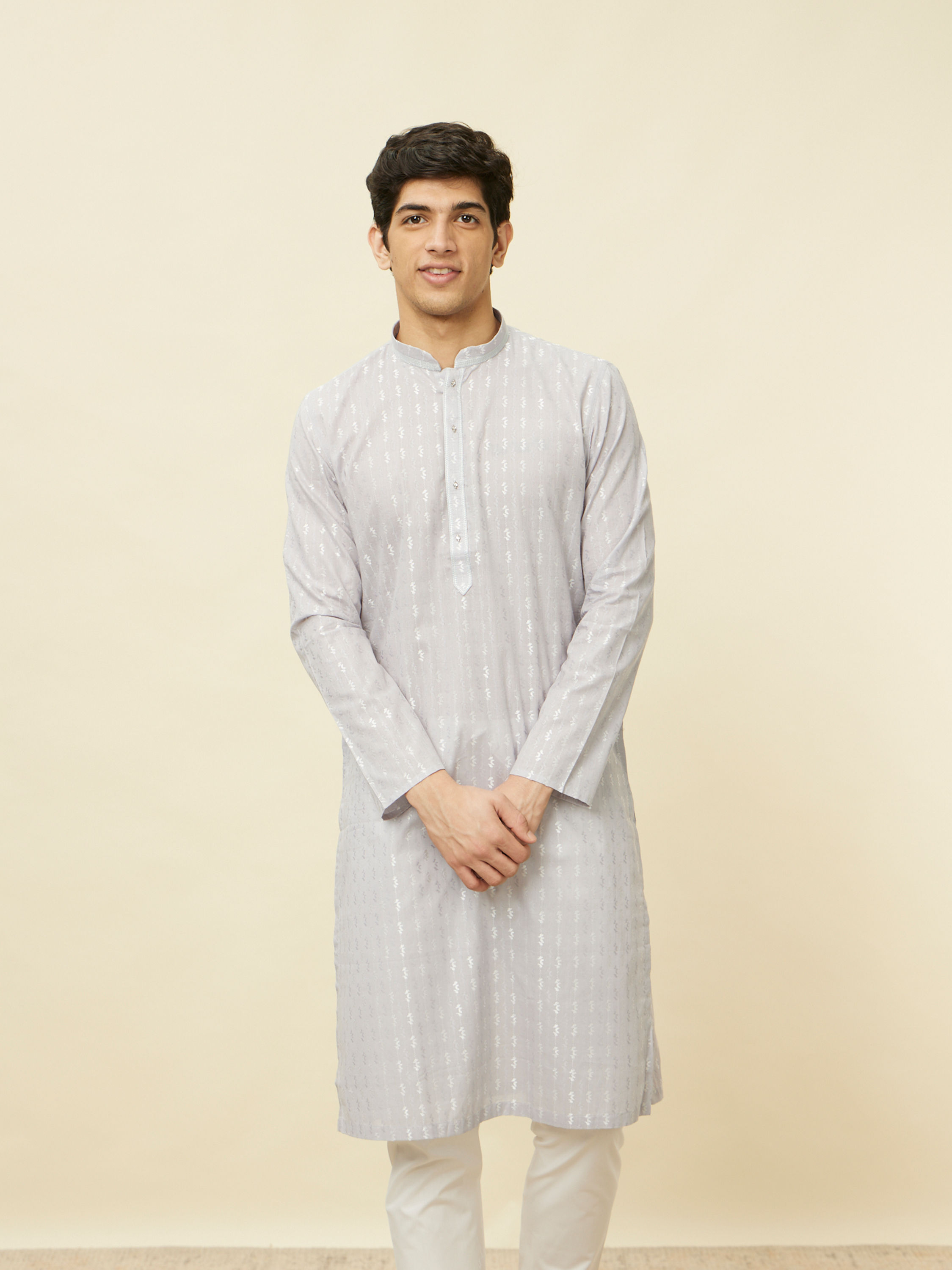 Manyavar Men Cloud Grey String Patterned Kurta Set