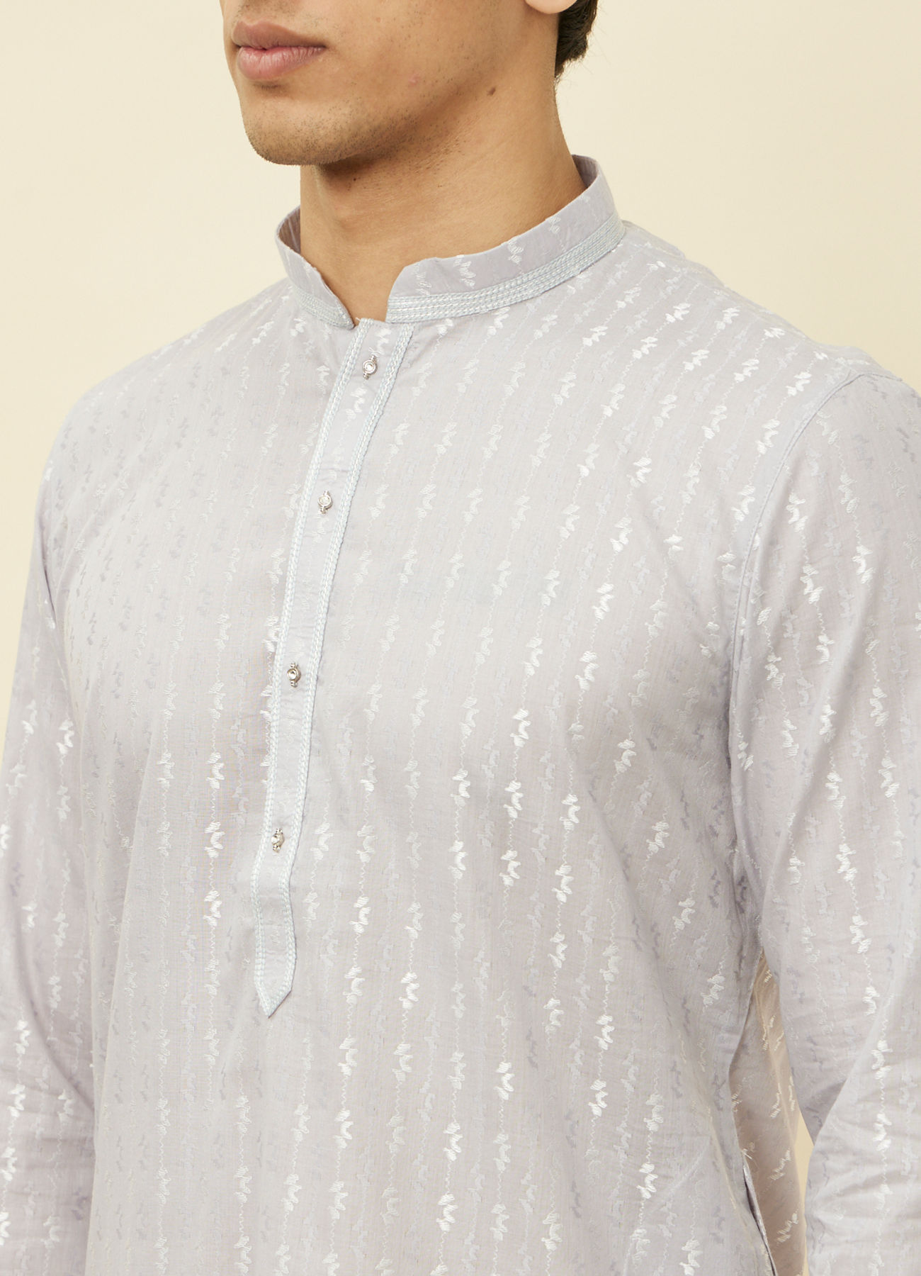 Manyavar Men Cloud Grey String Patterned Kurta Set