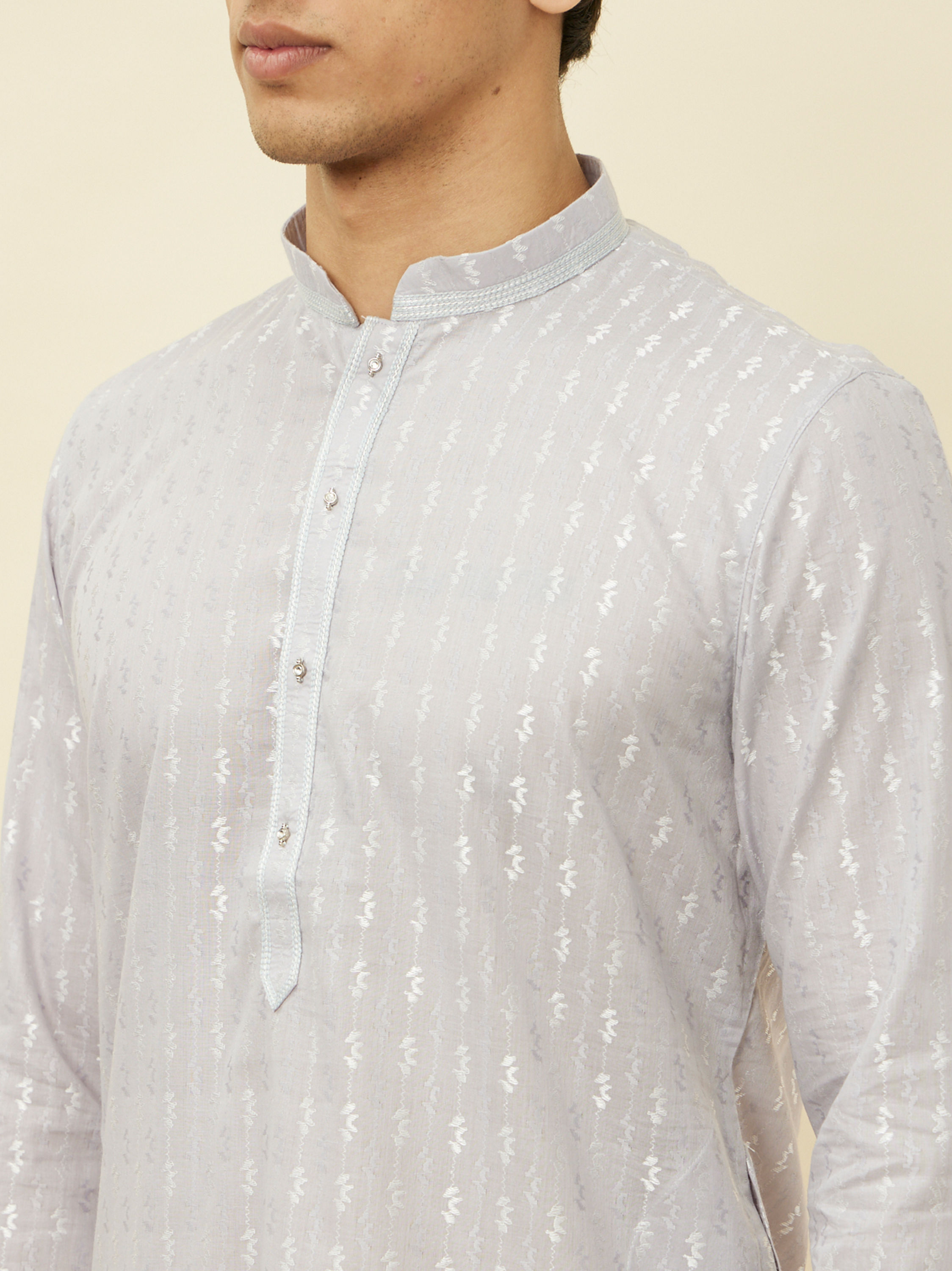 Manyavar Men Cloud Grey String Patterned Kurta Set