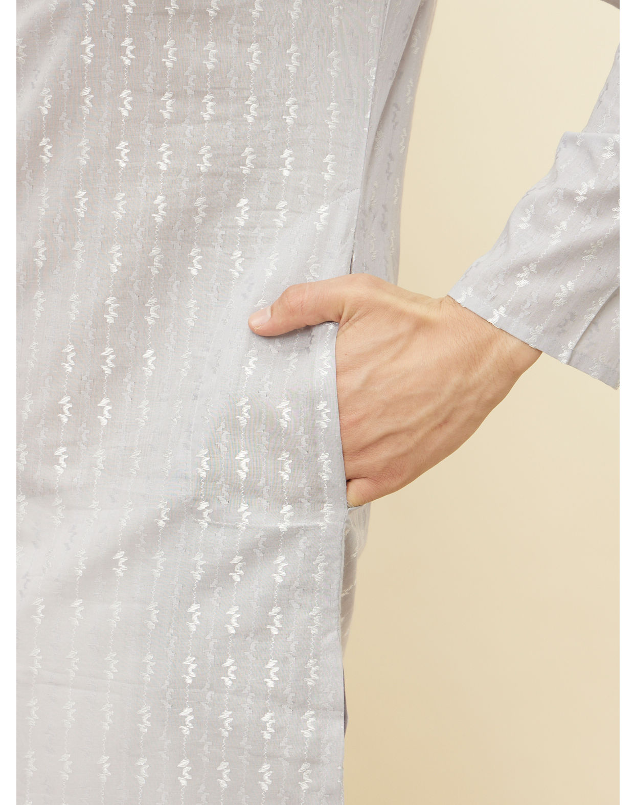 Manyavar Men Cloud Grey String Patterned Kurta Set