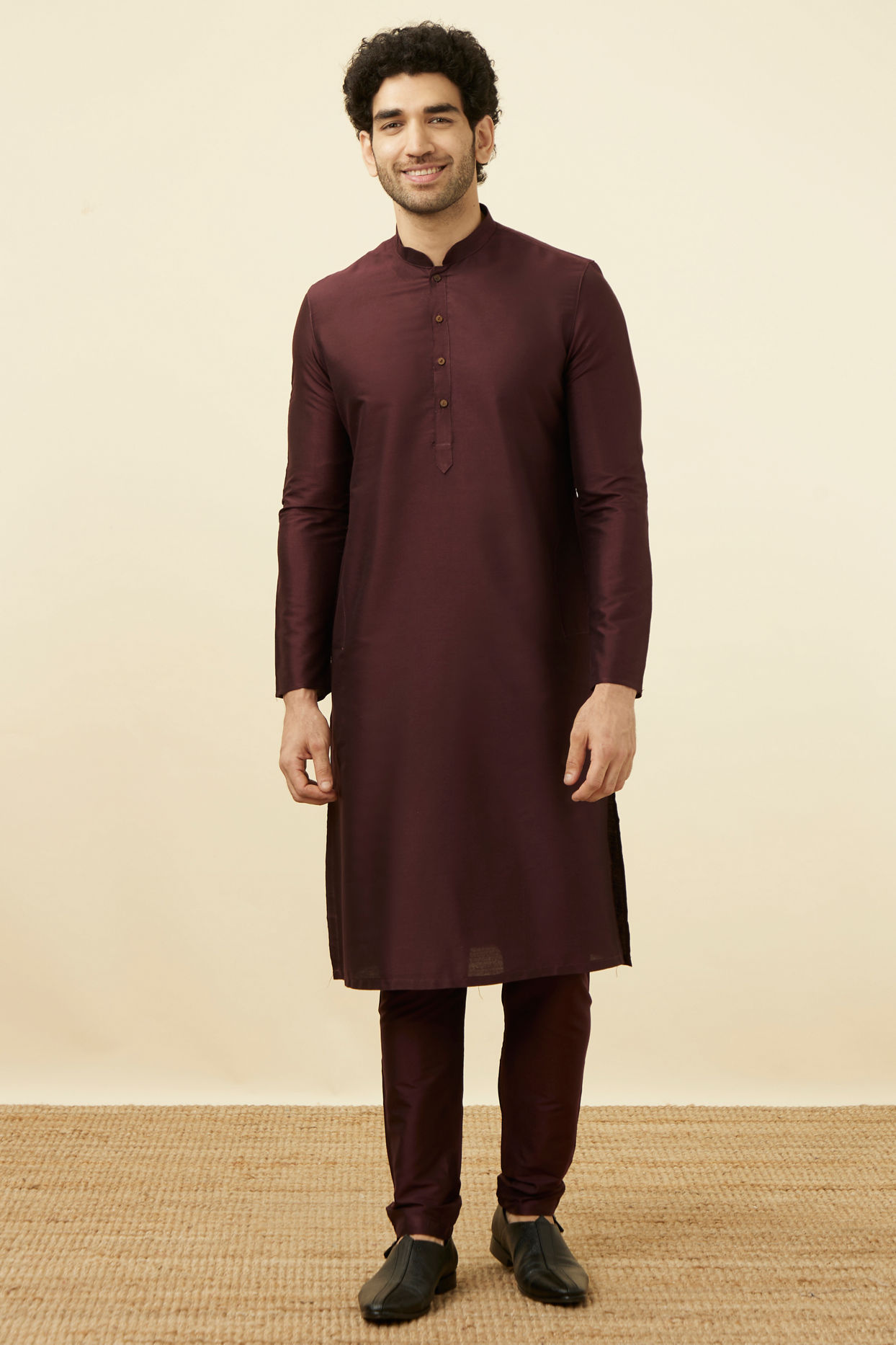 Manyavar Men Windsor Wine Plain Kurta Set image number 2