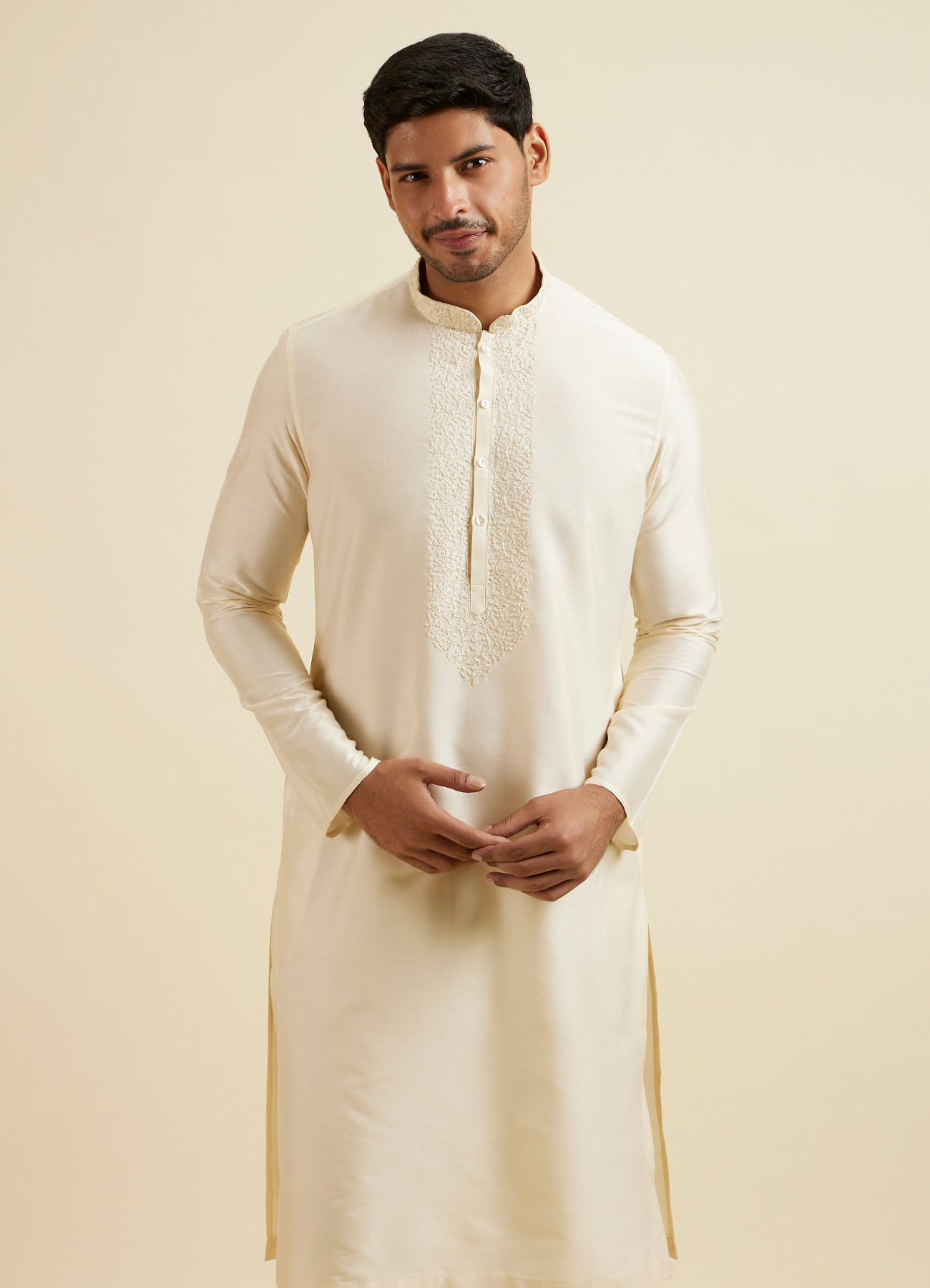 Manyavar Men Bright Cream Embroidered Kurta Set