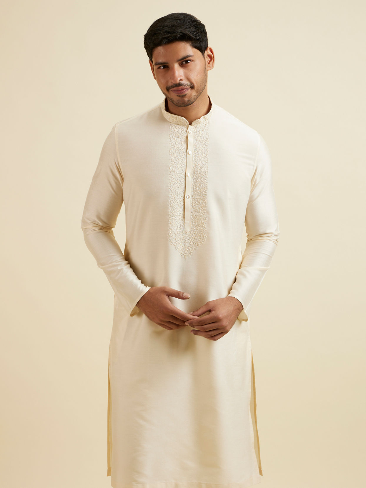 Manyavar Men Bright Cream Embroidered Kurta Set