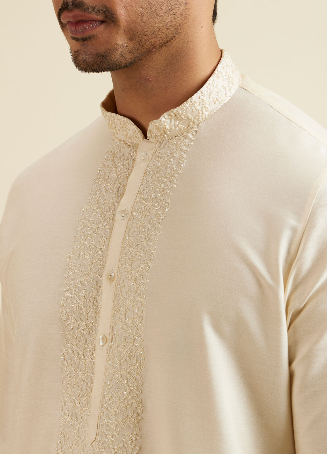 Manyavar Men Bright Cream Embroidered Kurta Set