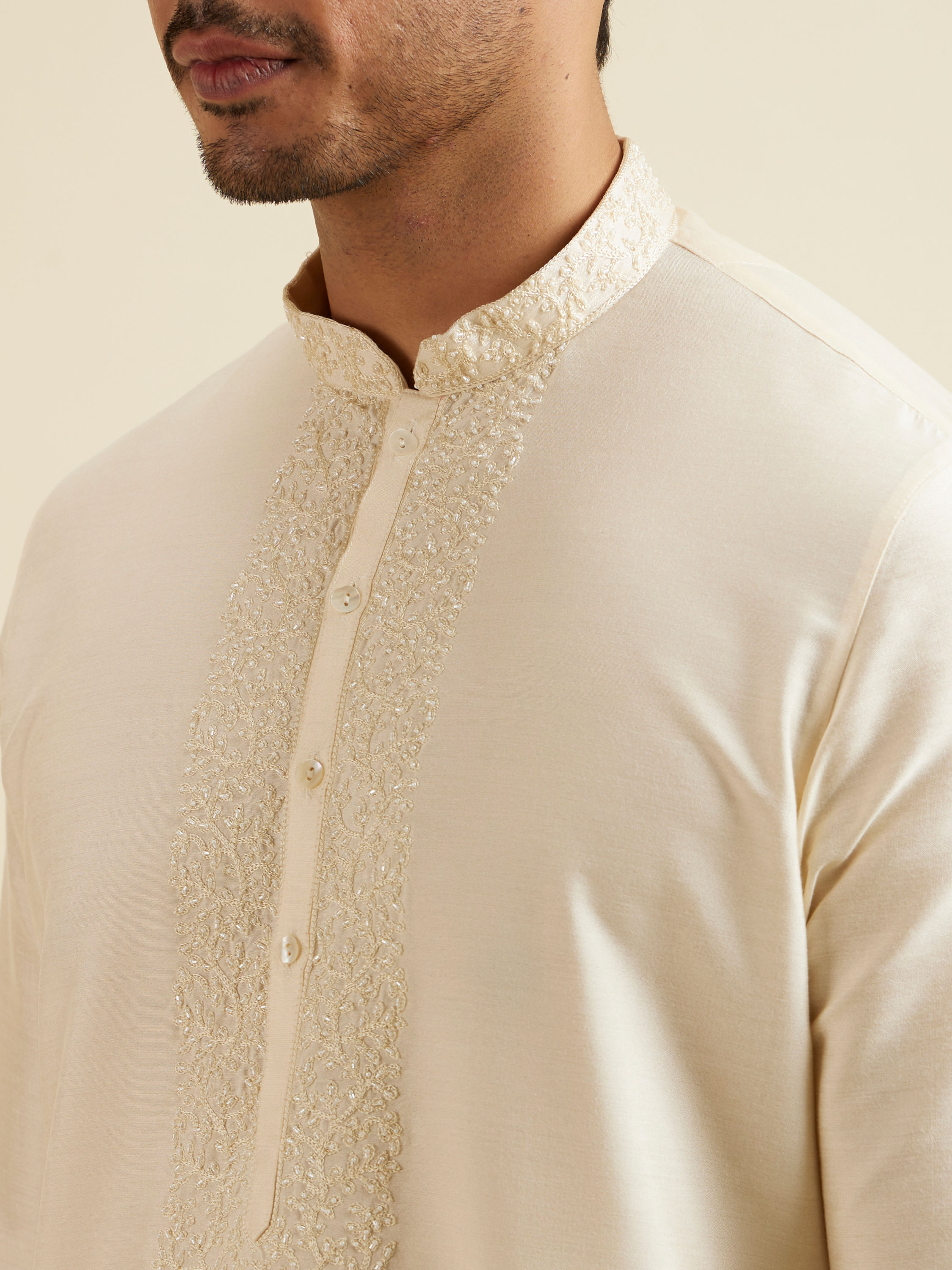 Manyavar Men Bright Cream Embroidered Kurta Set