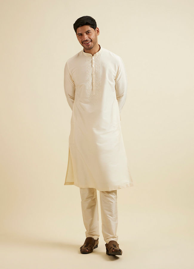 Manyavar Men Bright Cream Embroidered Kurta Set